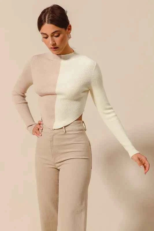 SO ME Color Block Fitted Crop Sweater Top c11ee9f50ed34d66b942389910f3030e-Max-Origin