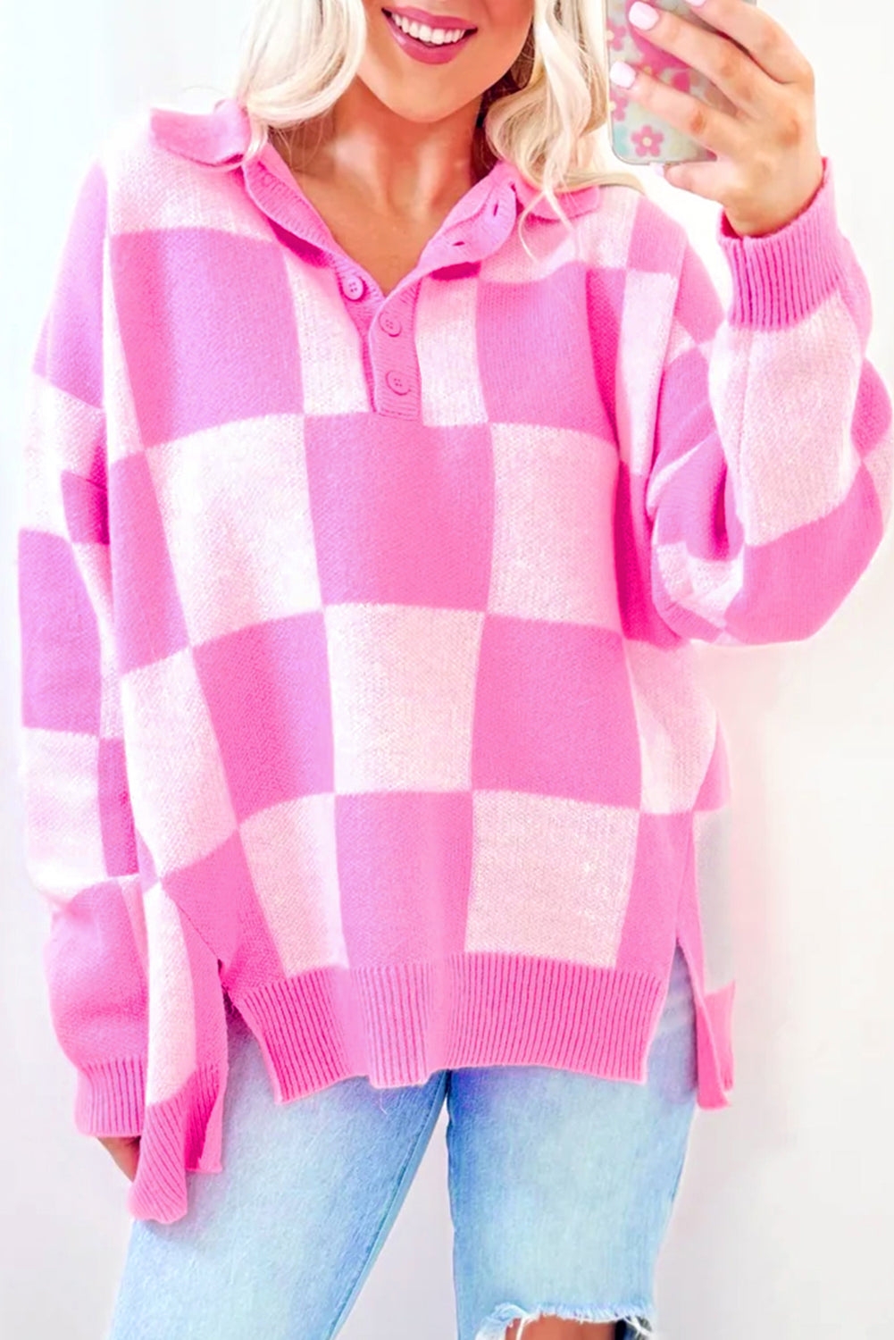 Pink Checkered Button Collared Sweater c122b657386d5364