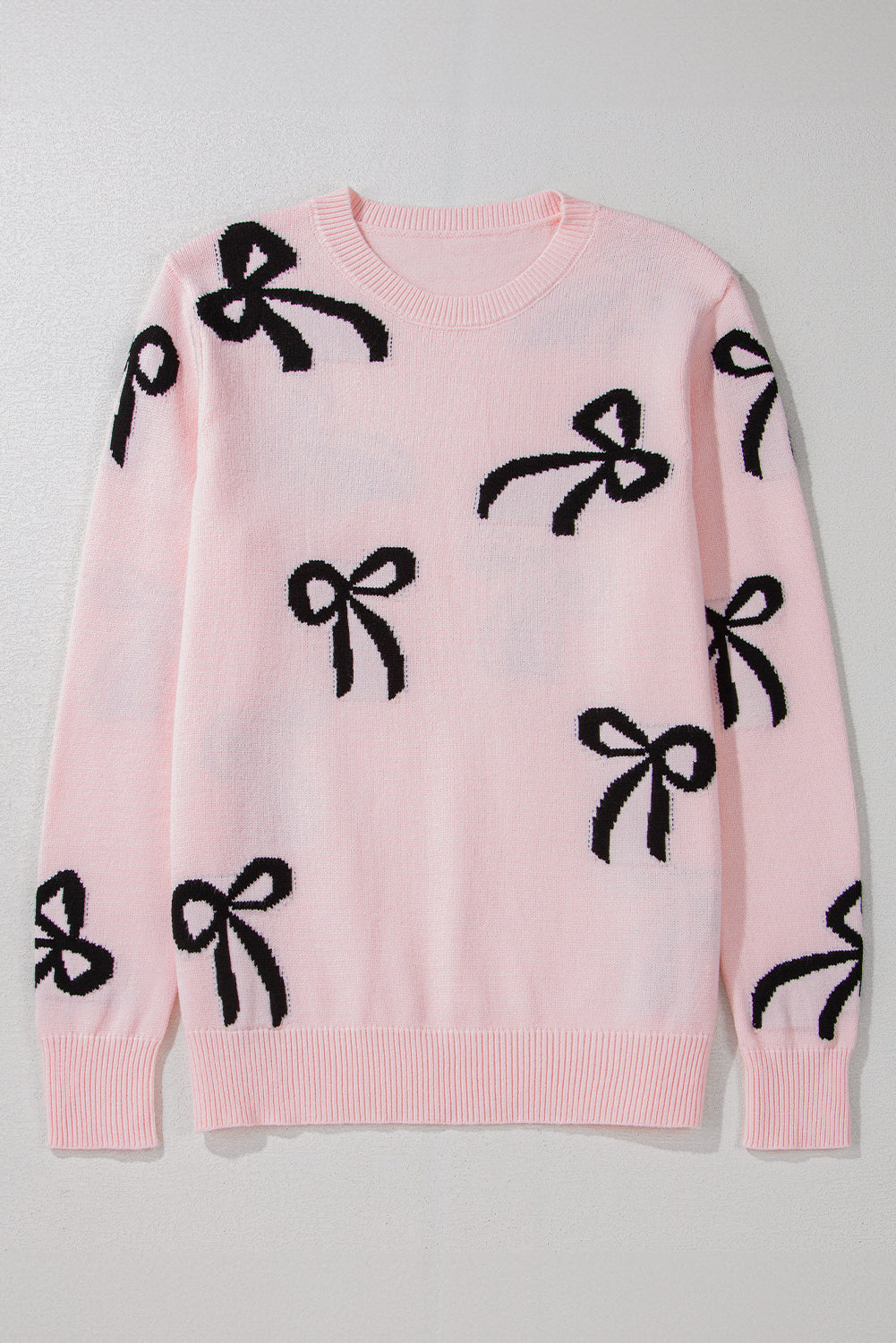 Light Pink Bow Print Long Sleeve Loose Fit Sweater c12e7acde44beb40