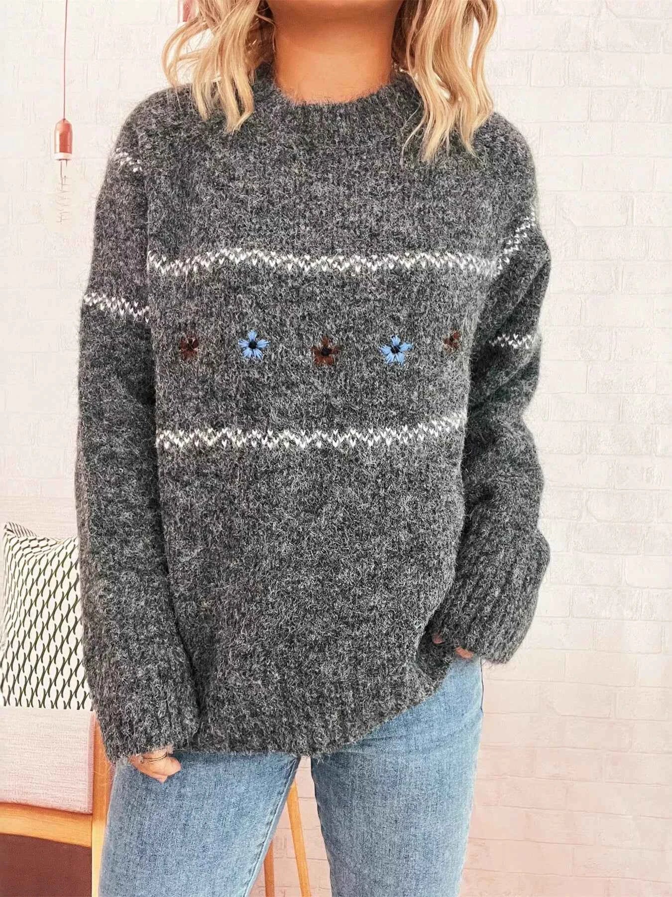 Ribbed Hem Flower Long Sleeve Sweater Dark Gray One Size c138b57346844867bfb7a3530a69d540-Max-Origin