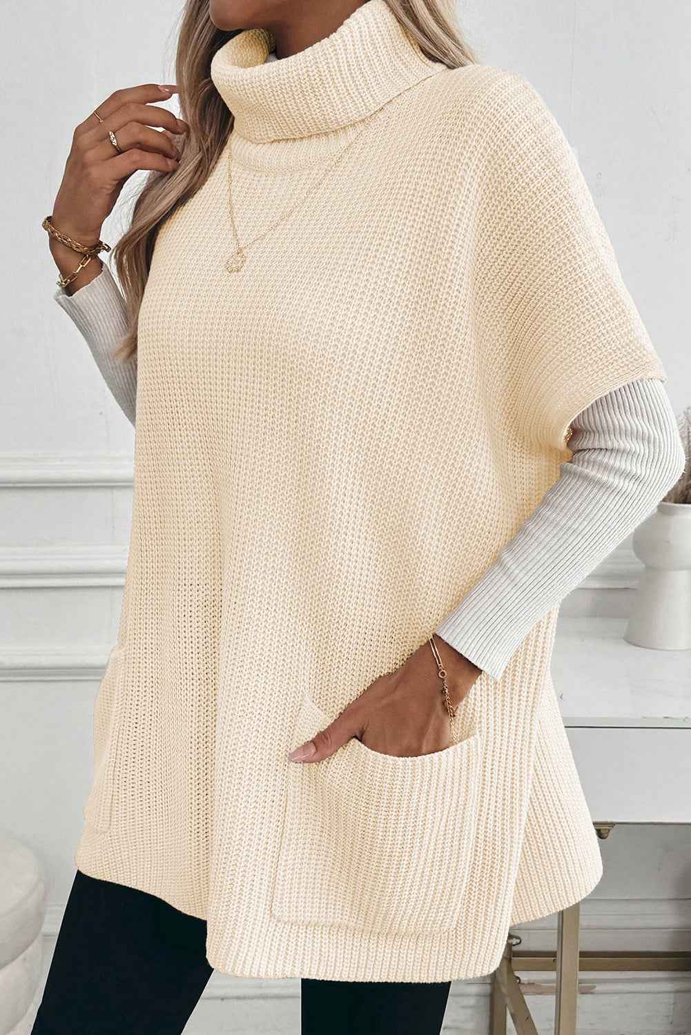 Jet Stream Plain Knit Casual Turtleneck Short Sleeve Tunic Sweater with Pockets c13c5278be752e94