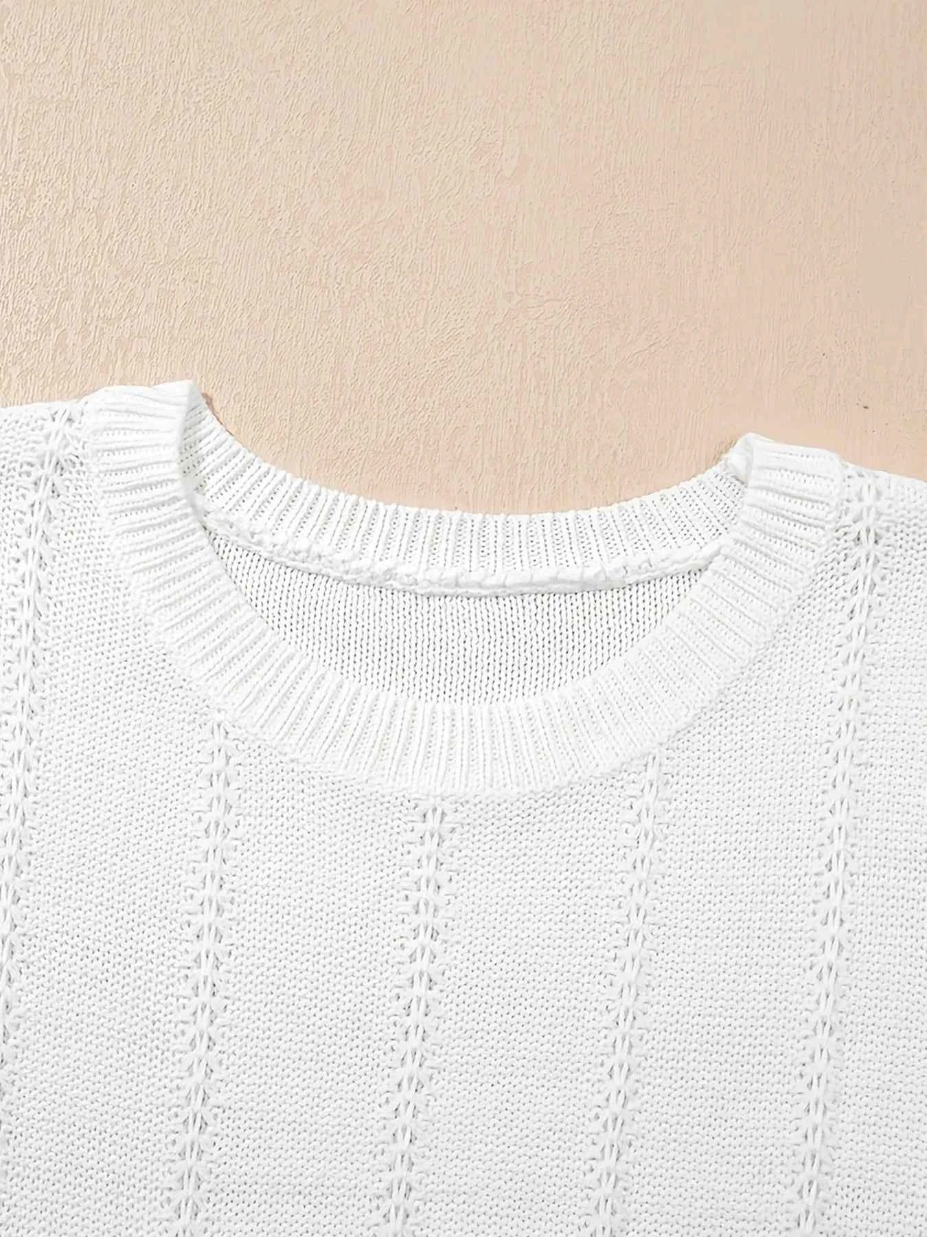 Openwork Round Neck Short Sleeve Sweater c14312167d7c4e5eb0ddc197faf39c54-Max-Origin