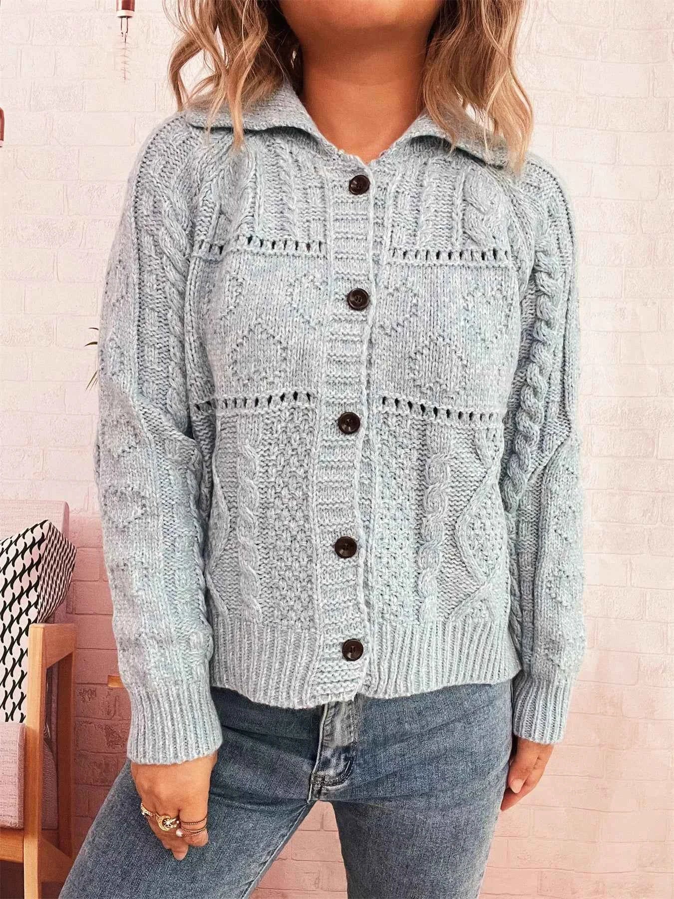 Openwork Cable Knit Button-Up Cardigan c14c575f8d8a409a9220236845f1ff2b-Max-Origin