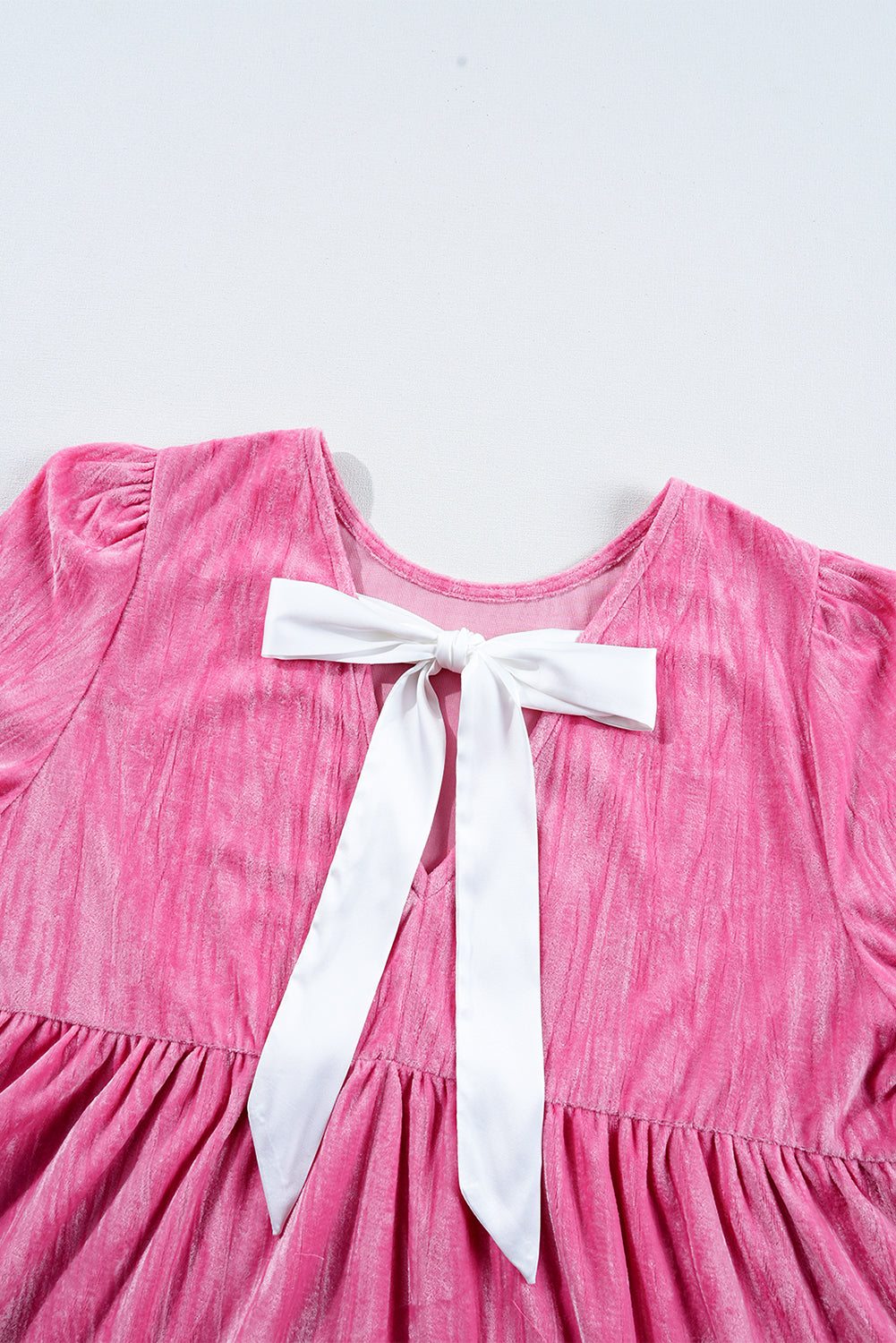Strawberry Pink Flounce Sleeve Tiered Ruffled Velvet Mini Dress c151fcb2e4dc8828
