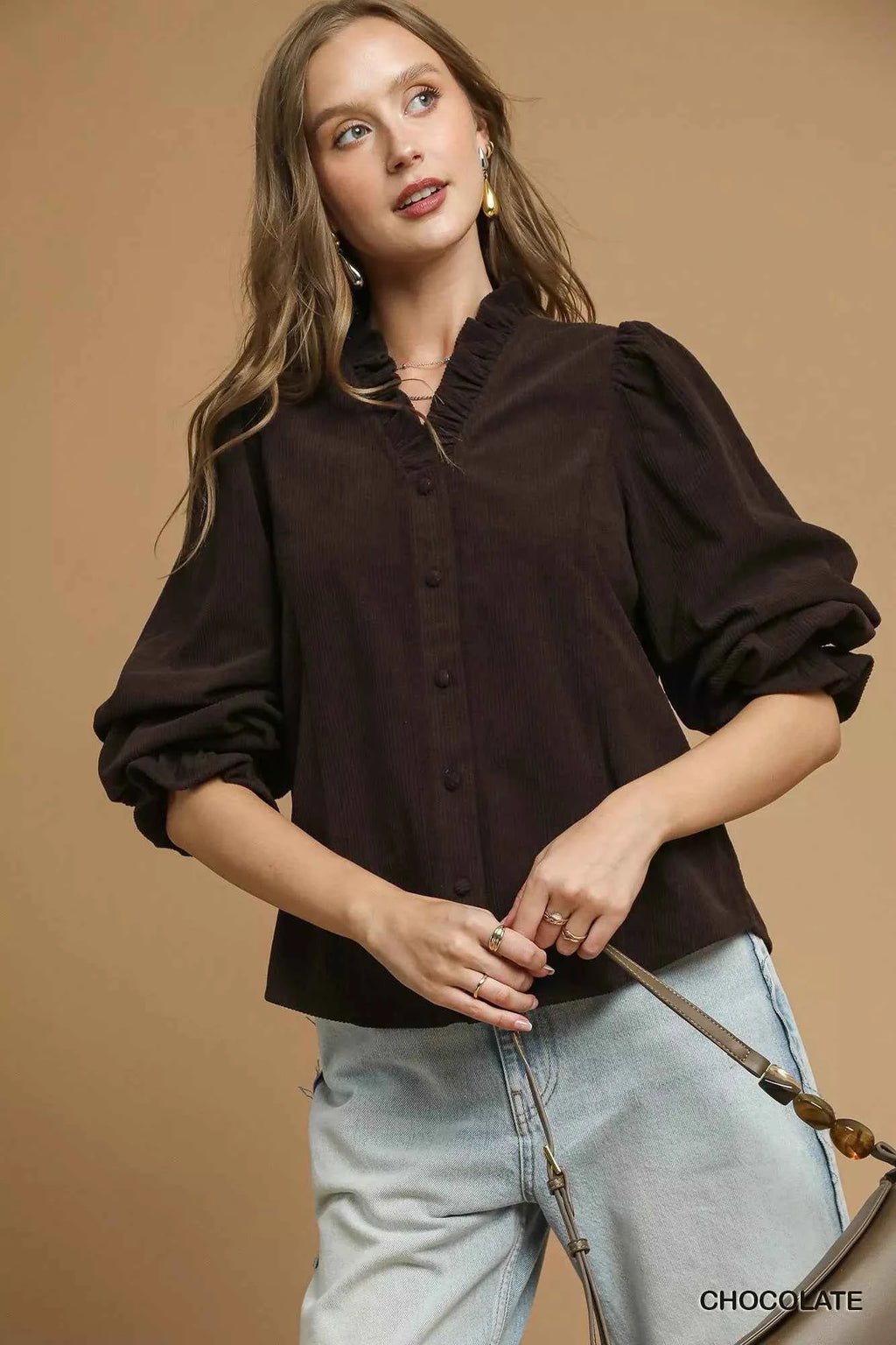 Umgee Corduroy Ruffle Shirt with Long Puff Sleeves CHOCOLATE c16a0707-3a49-4dc8-87a3-85f26204a7e5-Max-Origin