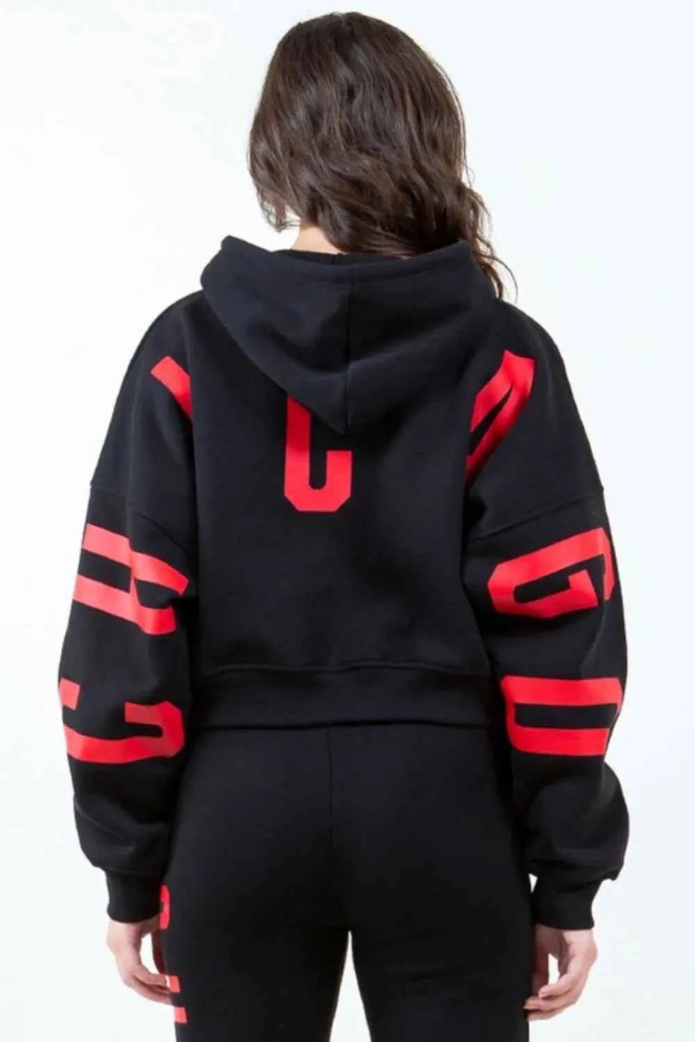 American Bazi Letter Graphic Long Sleeve Drawstring Cropped Hoodie Black c16a8db2-8664-4f5d-9bb2-b76a6e889686-Max