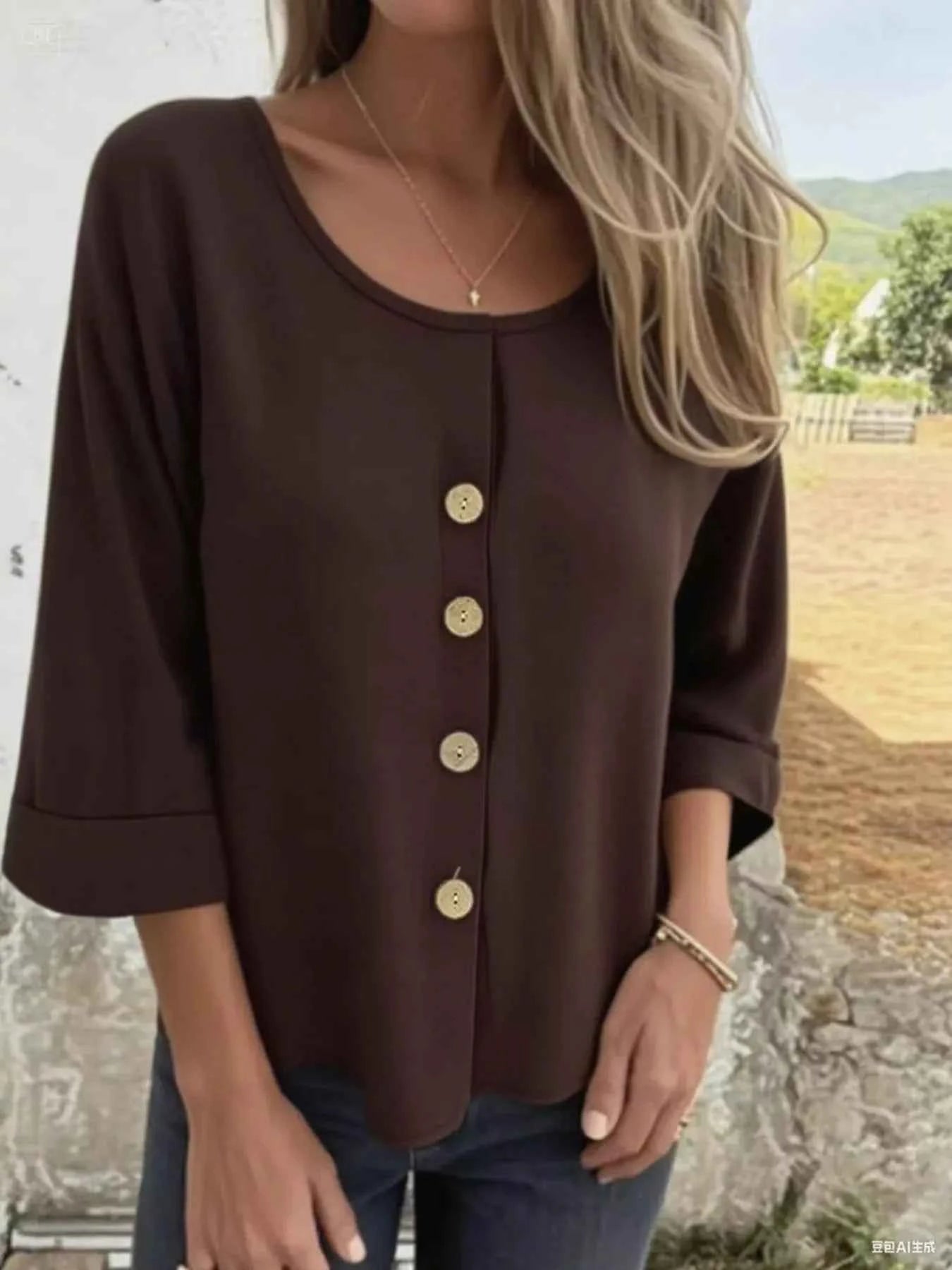 Full Size Button-Front 3/4 Sleeve Casual Blouse Plus Size Dark Brown c16e26928c5d47c19db3d5cb259fa6b7-Max-Origin