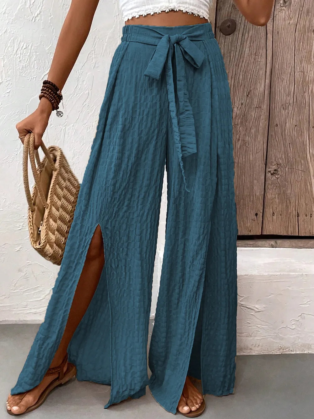 Honey Tied Slit Wide Leg Pants French Blue c1796362-7992-4fe3-aba4-045608773015-Max