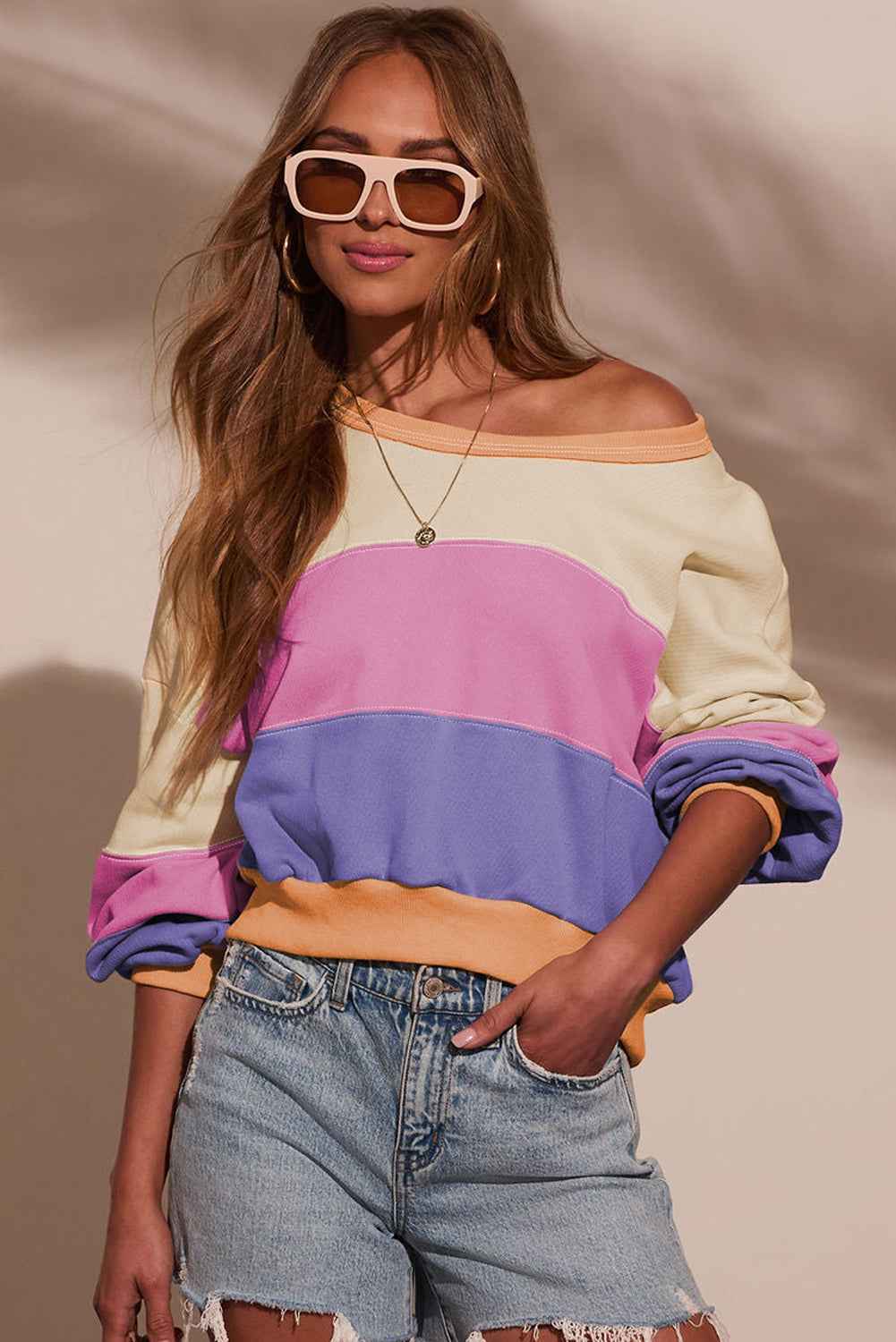Phalaenopsis Color Block Patchwork Drop Shoulder Cropped Sweatshirt c18b971d5c7649cc