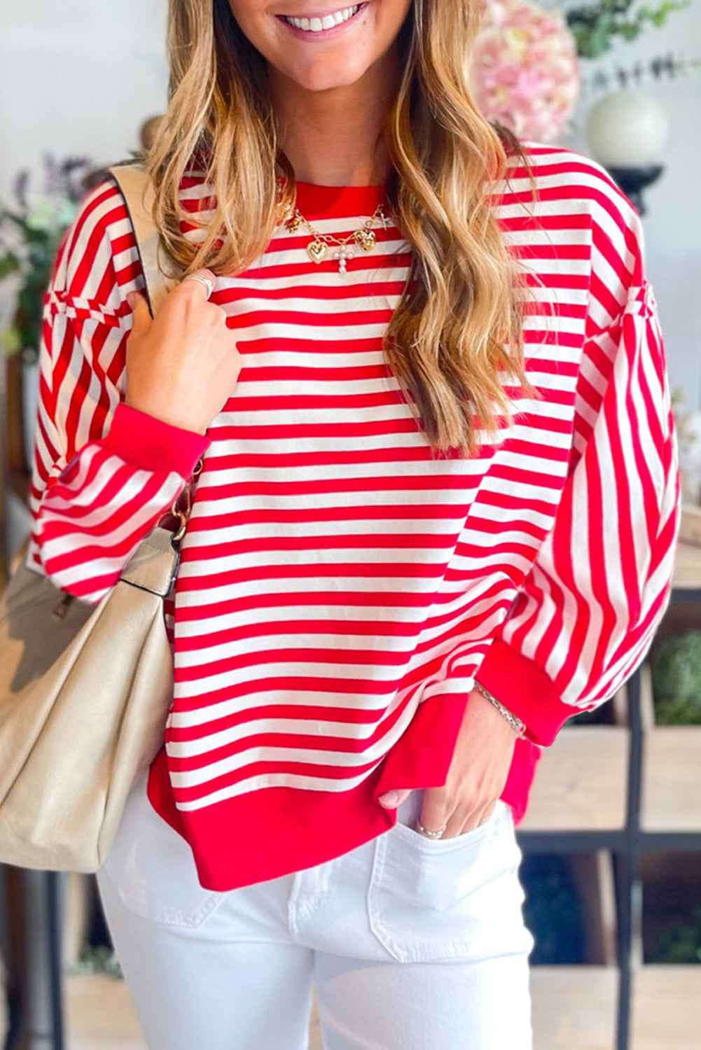 Red Striped Exposed Seam Drop Shoulder Long Sleeve Top Red Stripe 95%Cotton+5%Elastane c18bf8309ea30074