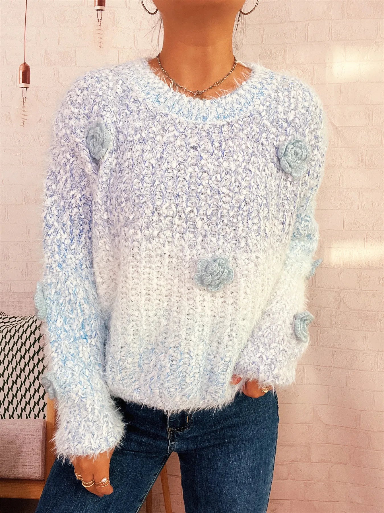 Flower Embellished Round Neck Sweater c193249a83cd40588d5d63837ae13eed-Max-Origin