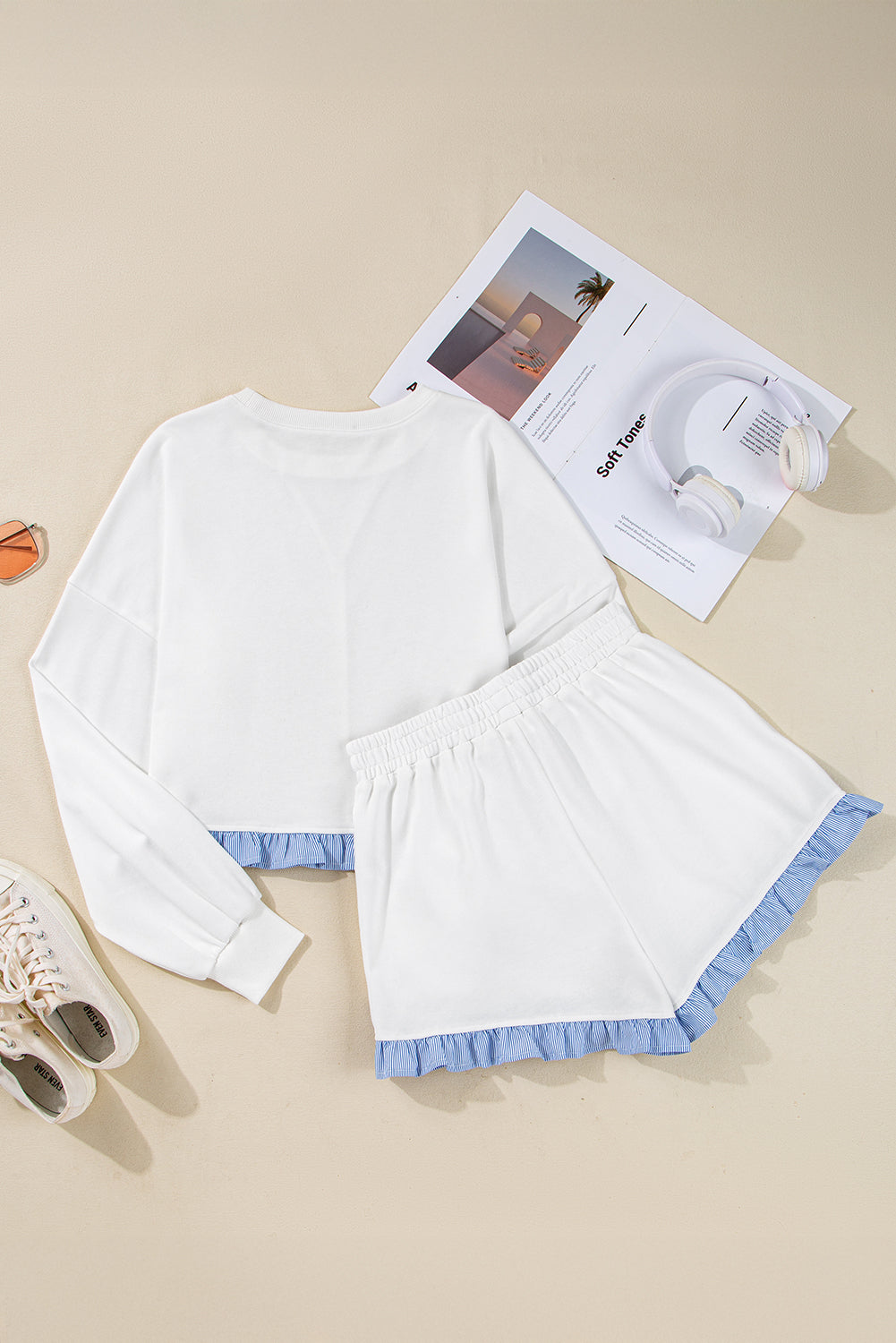 White Striped Ruffle Hem Long Sleeve Pullover and Shorts Set c19ee662994eb5f8