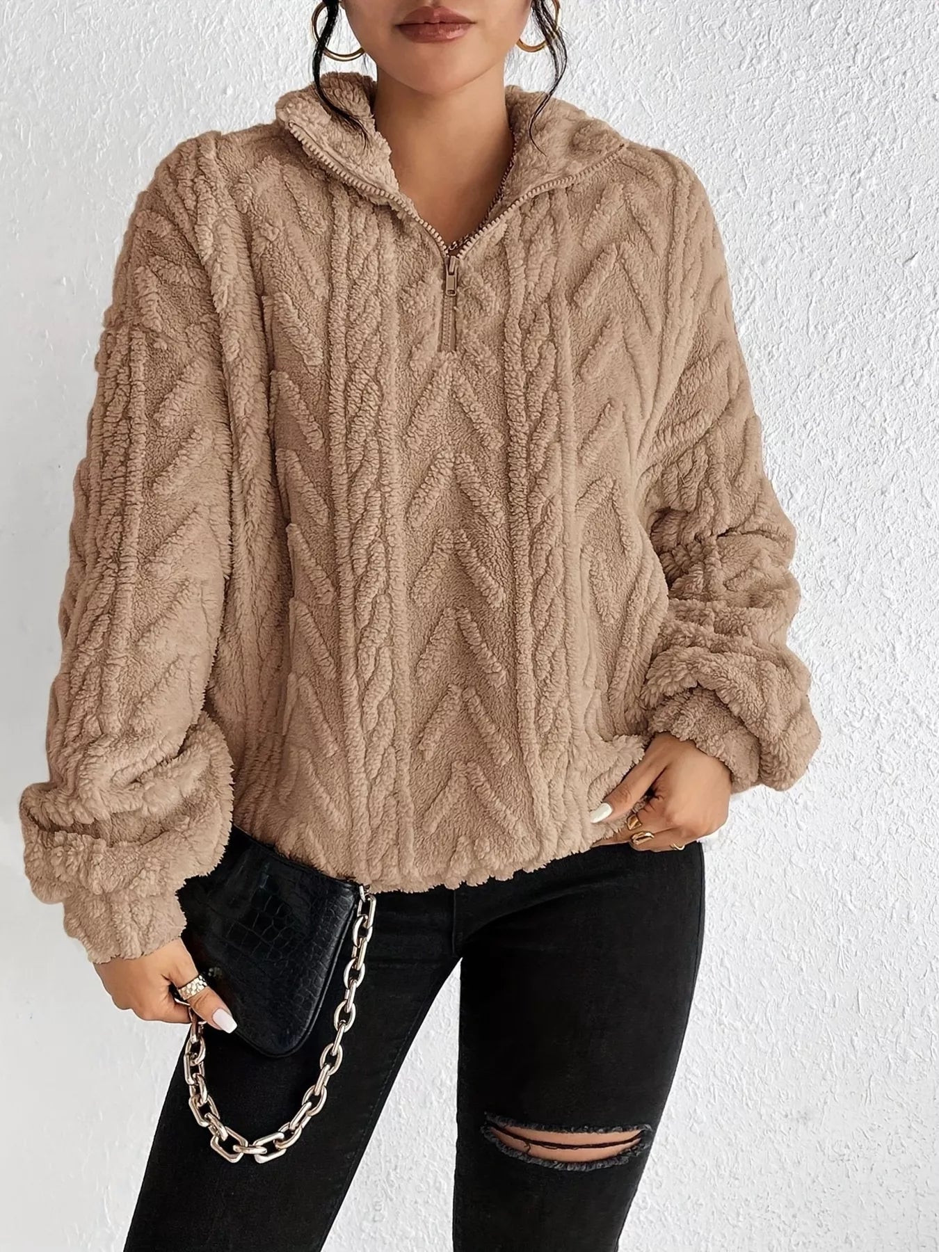 Quarter Zip Dropped Shoulder Sherpa Sweatshirt c1a4e11f40b54a31b4e41ac74be8937a-Max-Origin