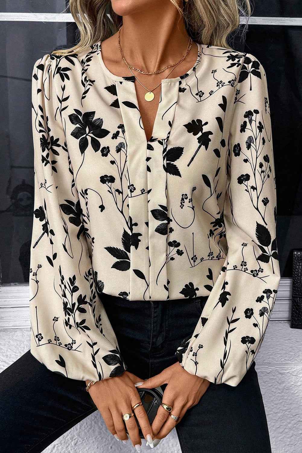 Khaki Botanical Floral Print Split Neck Long Sleeve Blouse c1b9f42d28b3608a