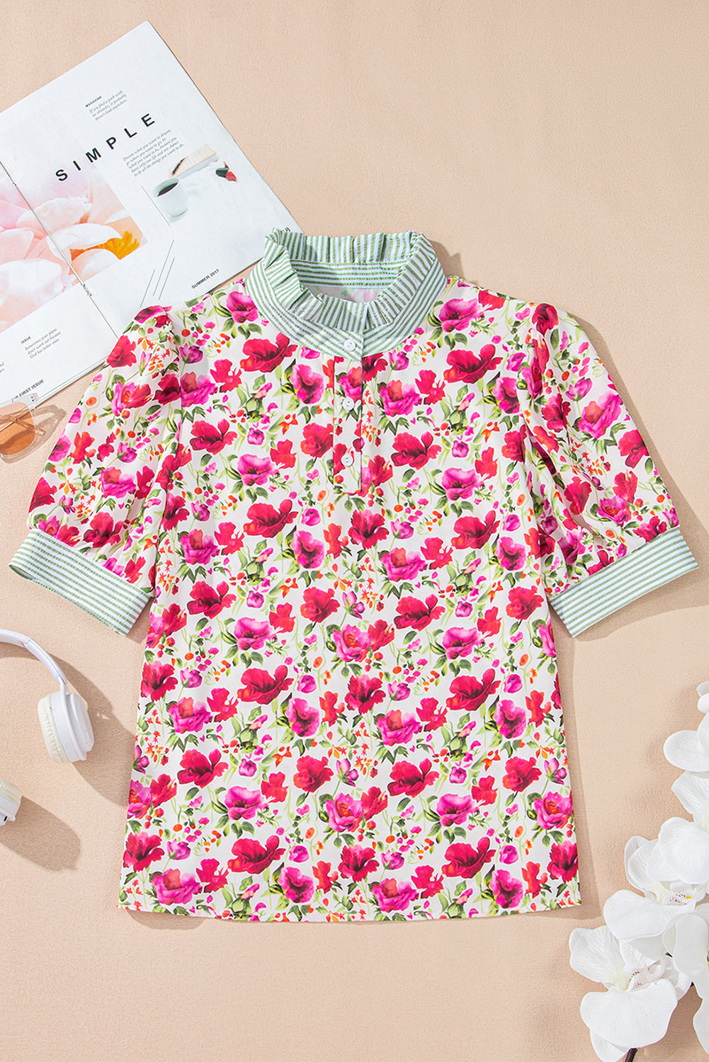 Sky Blue Floral Print Striped Patchwork Collared Blouse c1bc518dd65dd293