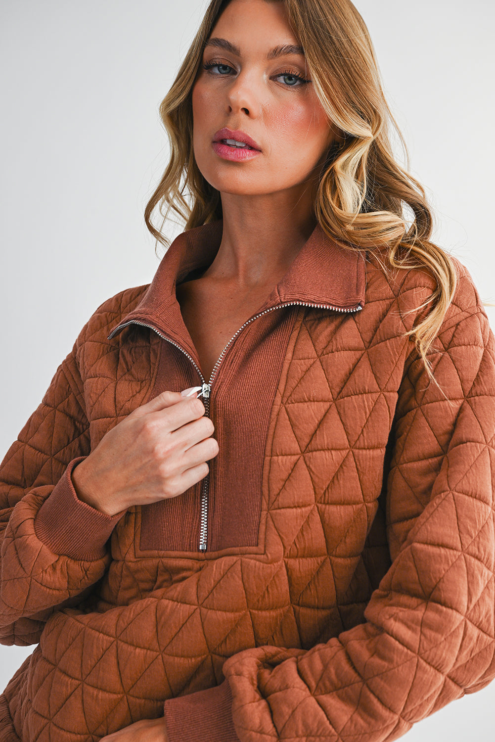 Straw Yellow Textured Zipper Neck Long Sleeve Pullover Sweatshirt c1c369429891dd73