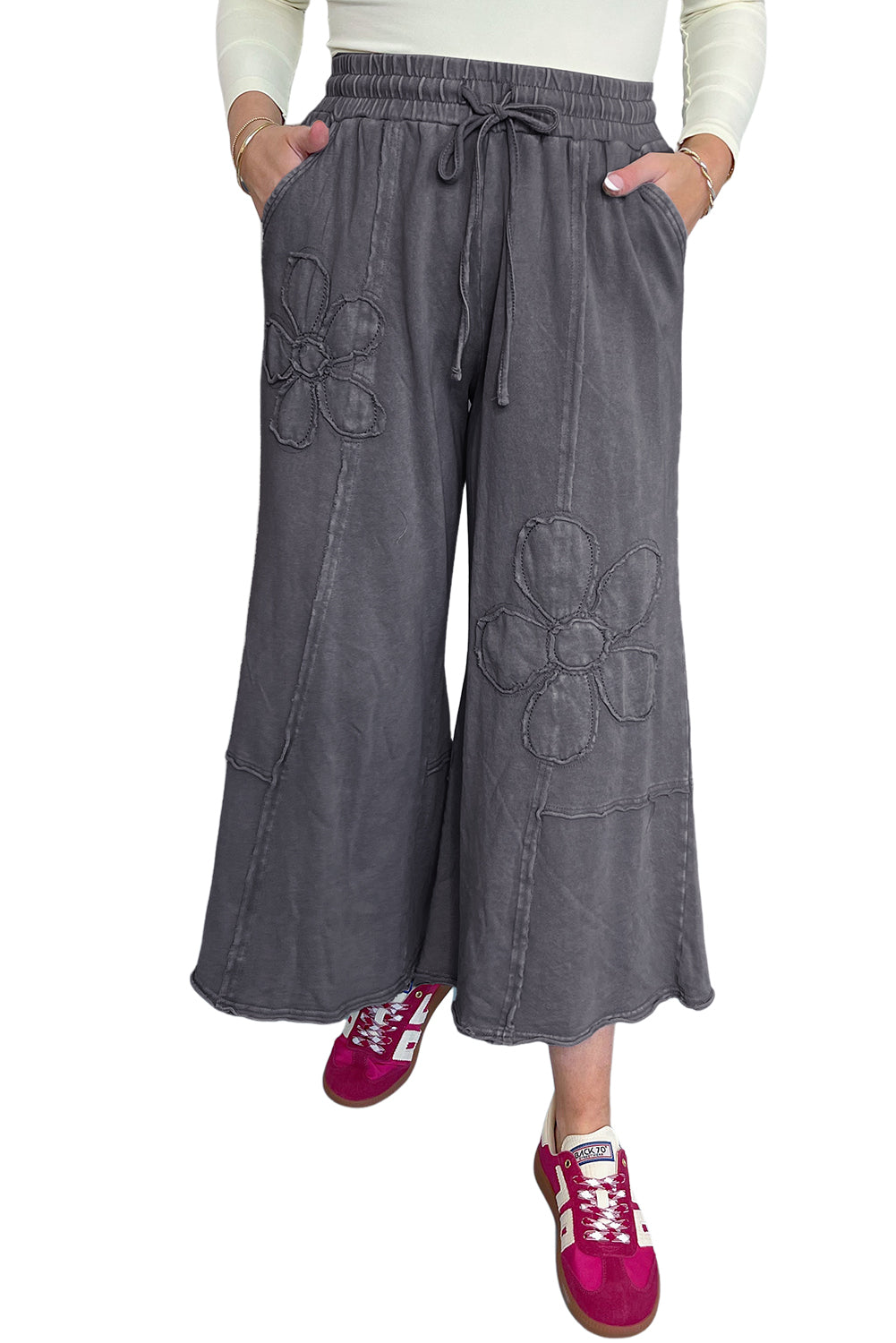 Light Grey Flower Patch Mineral Washed Cropped Wide Leg Pants Light Grey 100%Cotton c1c93cd8f2d9b699