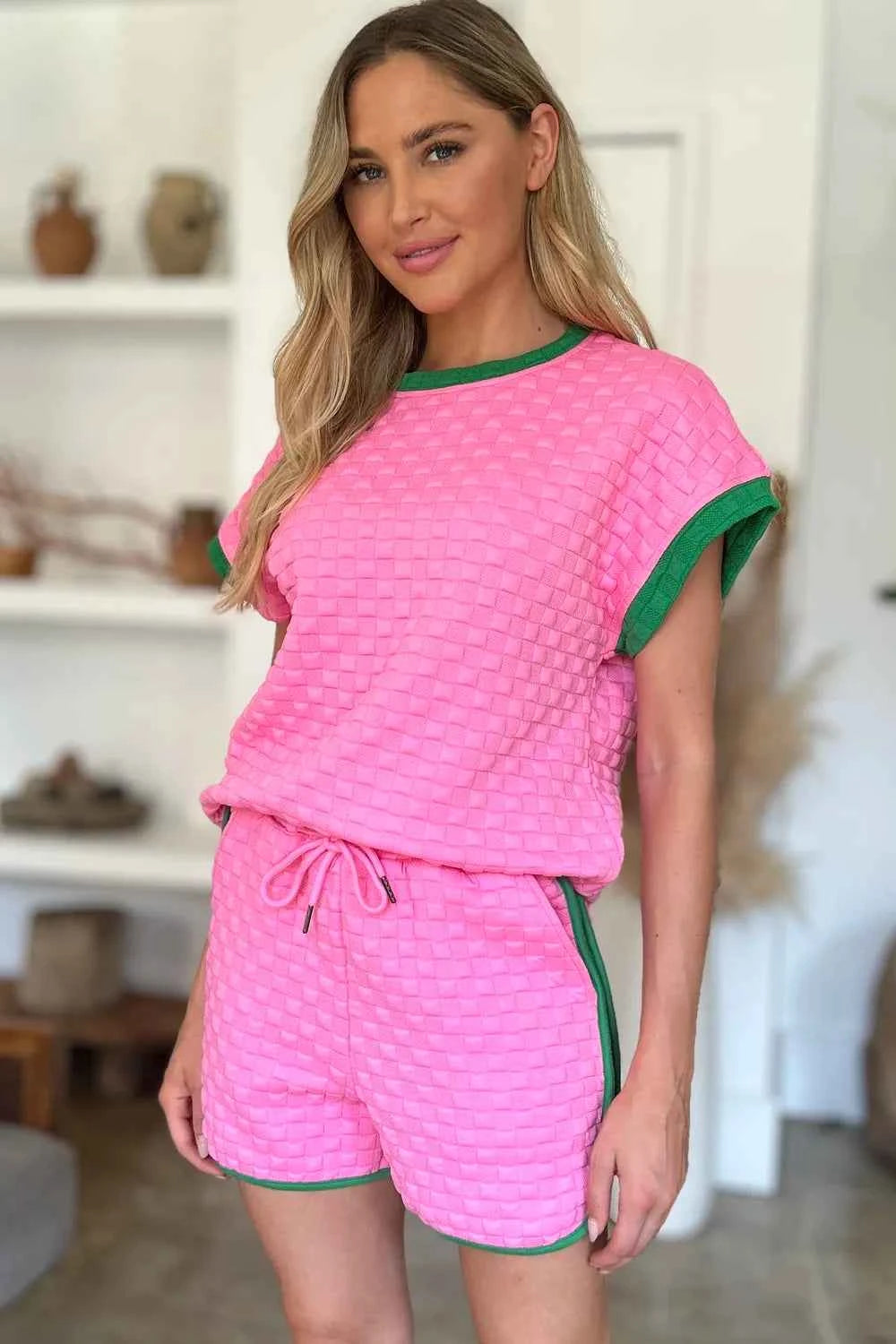 Double Take Full Size Texture Contrast T-Shirt and Shorts Set c1d18f86-5779-4eeb-89c2-143beedeea66-Max