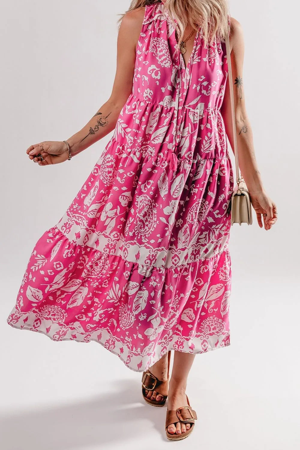 Floral Sleeveless Tasseled Tie Neck Tiered Midi Dress c1d9b775-d253-4135-bd12-a1e176d78ac7-Max