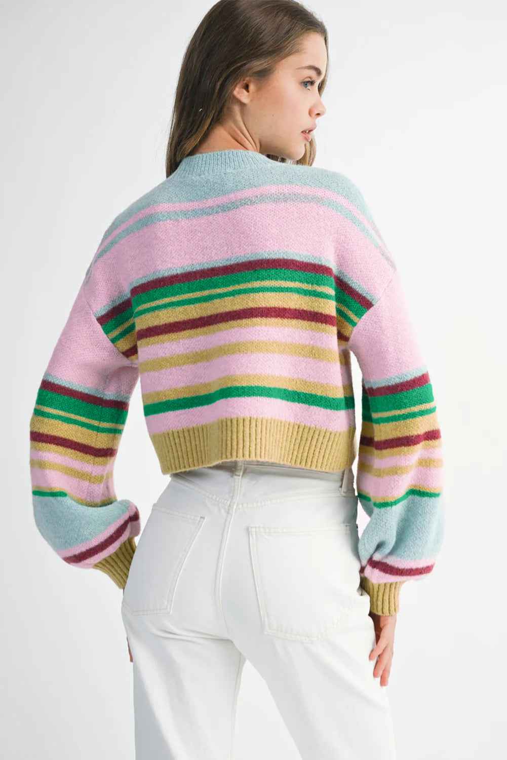 Multicolour Striped Knit Ribbed Trim Boxy Fit Cropped Sweater c1e848816e113927