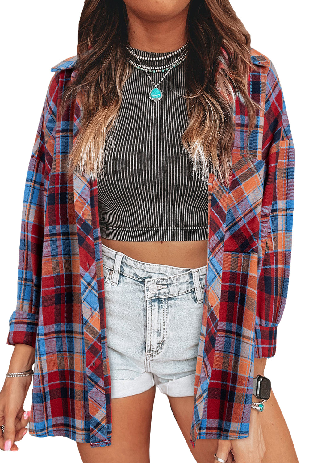 Orange Plaid Print Pocket Loose Shirt Shacket c1f05790f885449b