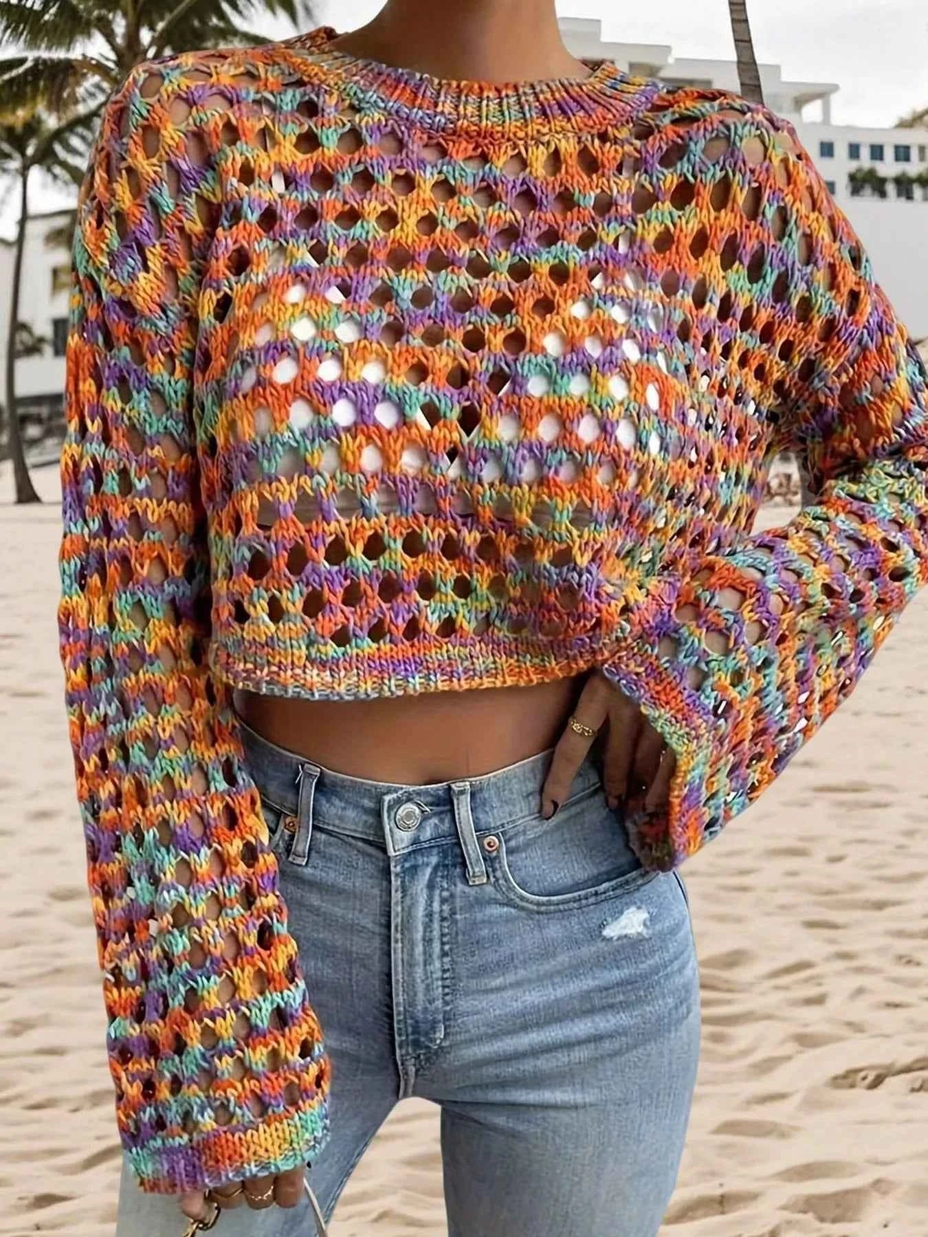 Rainbow Crochet Hollow Out Cropped Sweater c1f1da2f534b4732a52ed03d57cbd5db-Max-Origin