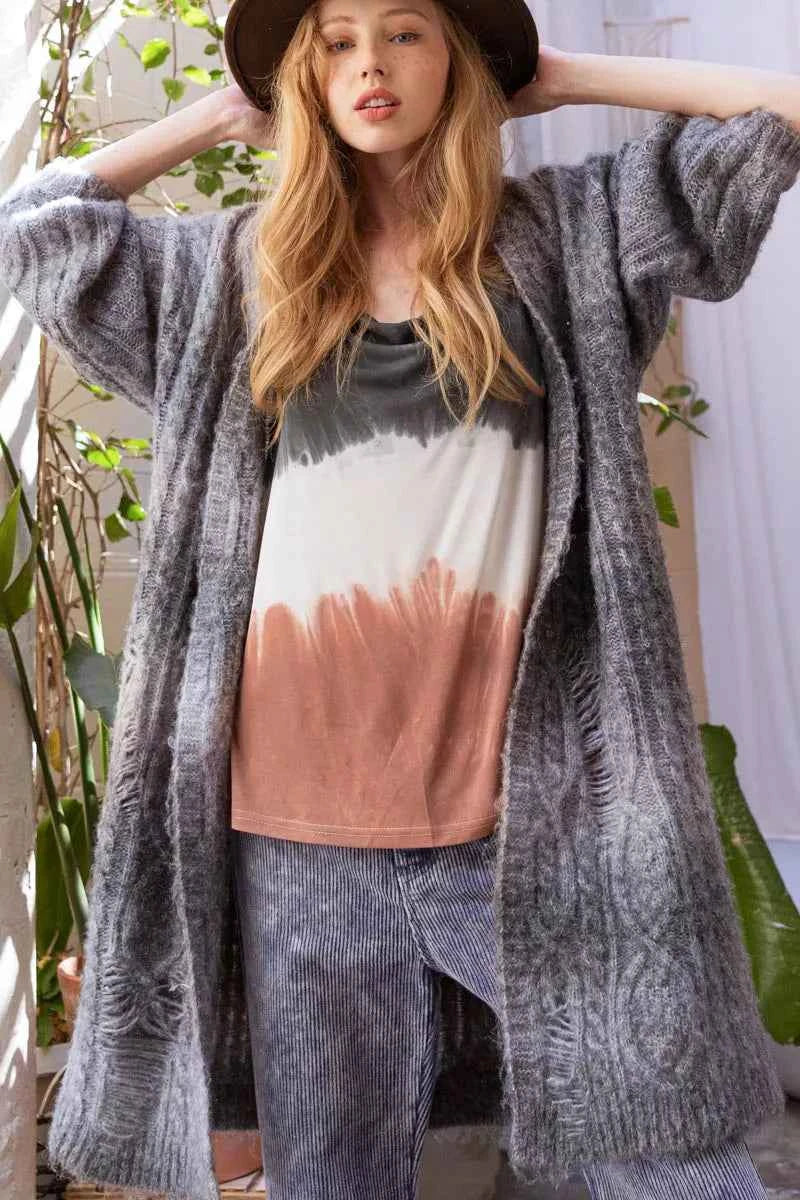 POL Distressed Cable-Knit Ombre Dying Cardigan c22df117-6b3a-4976-9243-6645ffaf0c98-Max-Origin