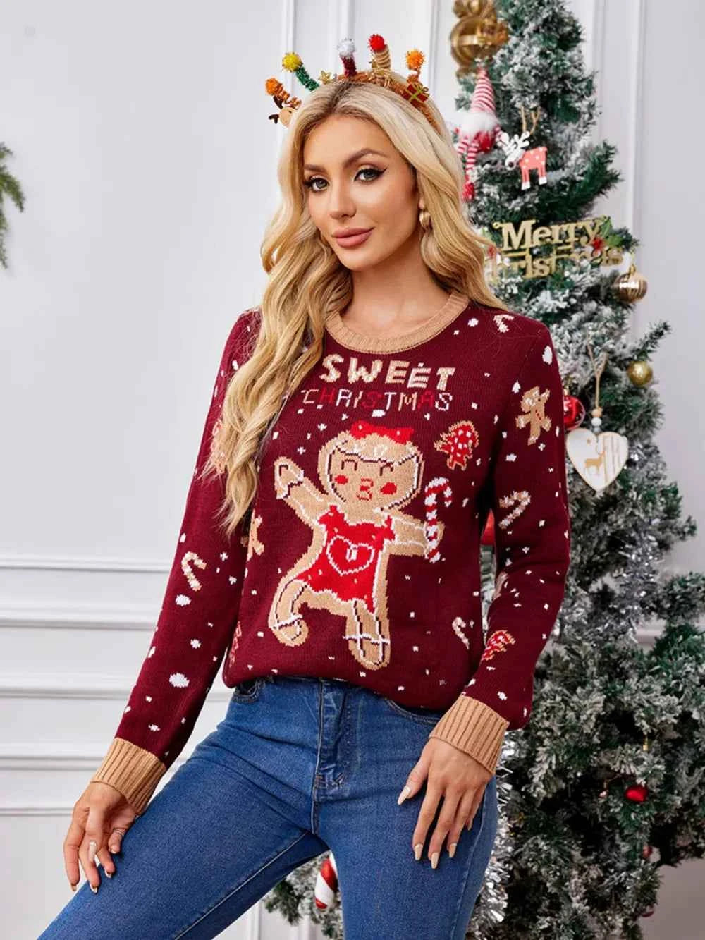 Gingerbread Round Neck Long Sleeve Sweater c22ec1f8-dc81-4874-8379-0b6dbd290a54-Max