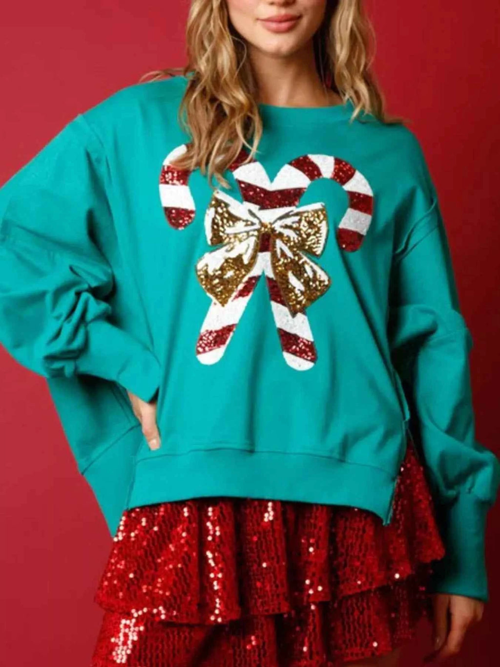 Christmas Candy Cane Bow Dropped Shoulder Sweatshirt c24005f2-f4dc-4887-b92e-34754c215f25-Max-Origin