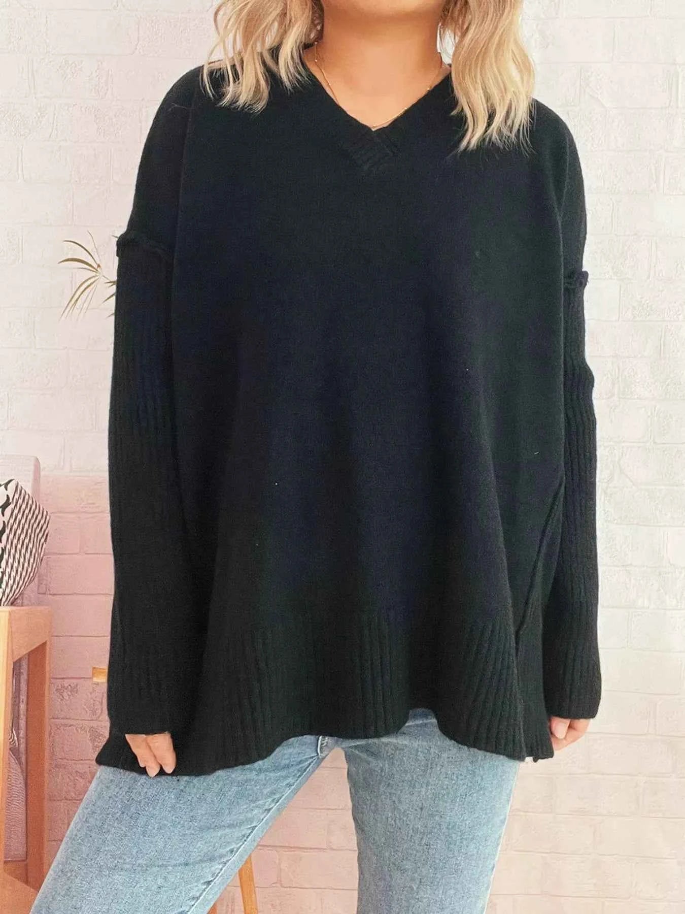V-Neck Dropped Shoulder Sweater Black One Size c25302aed22a484aa87abcd04d6fb4d6-Max-Origin