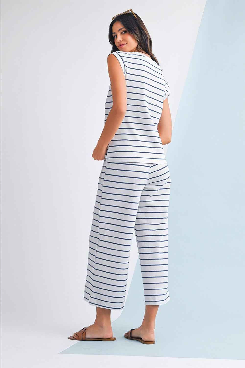 Sail Blue Casual Striped Tee and Wide Leg Pants Set c2532f96c7d95e33