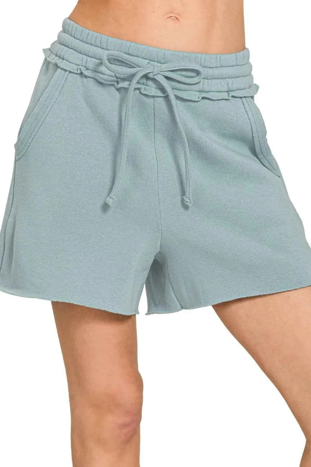 Zenana Fleece Raw Hem Shorts With Draw String BLUE GREY c255cbec-4de4-49bd-a756-2be43721e923-Max-Origin