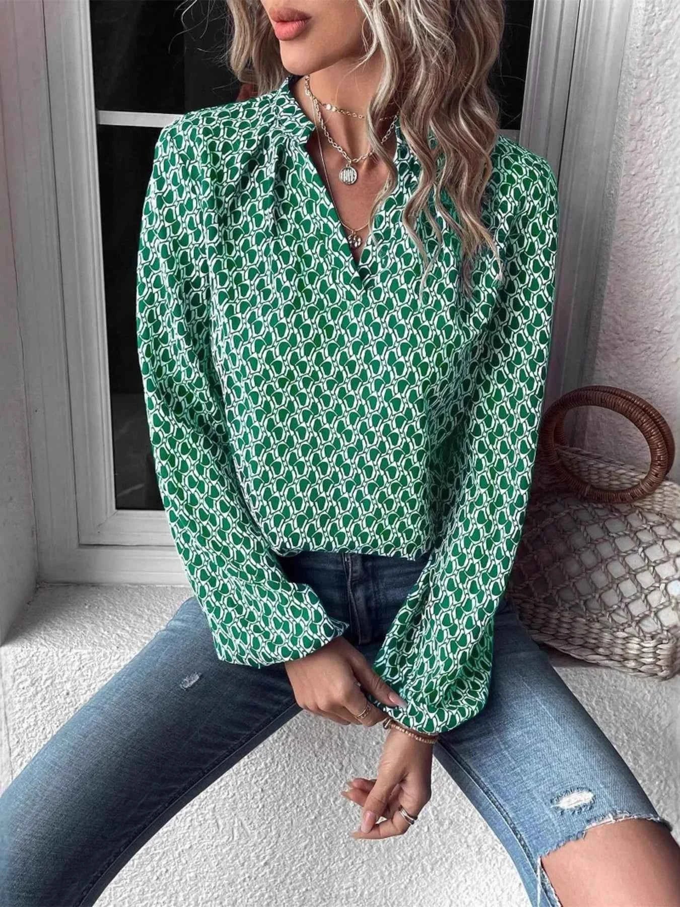 Printed Notched Long Sleeve Blouse Dark Green c2601018fa78451ab07279215c896864-Max-Origin