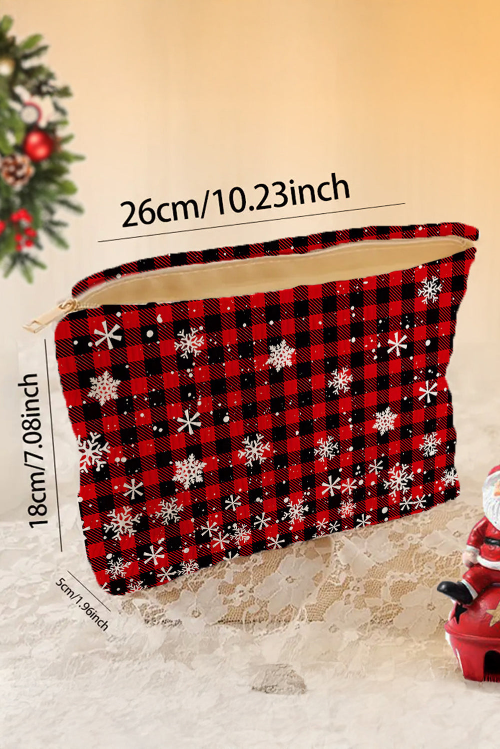 Fiery Red Plaid Christmas Snowflake Print Cosmetic Bag