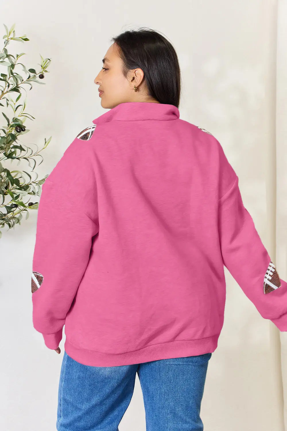 Full Size Sequin Football Half Zip Long Sleeve Sweatshirt c2601833aef1417f955b2399c3202a93-Max
