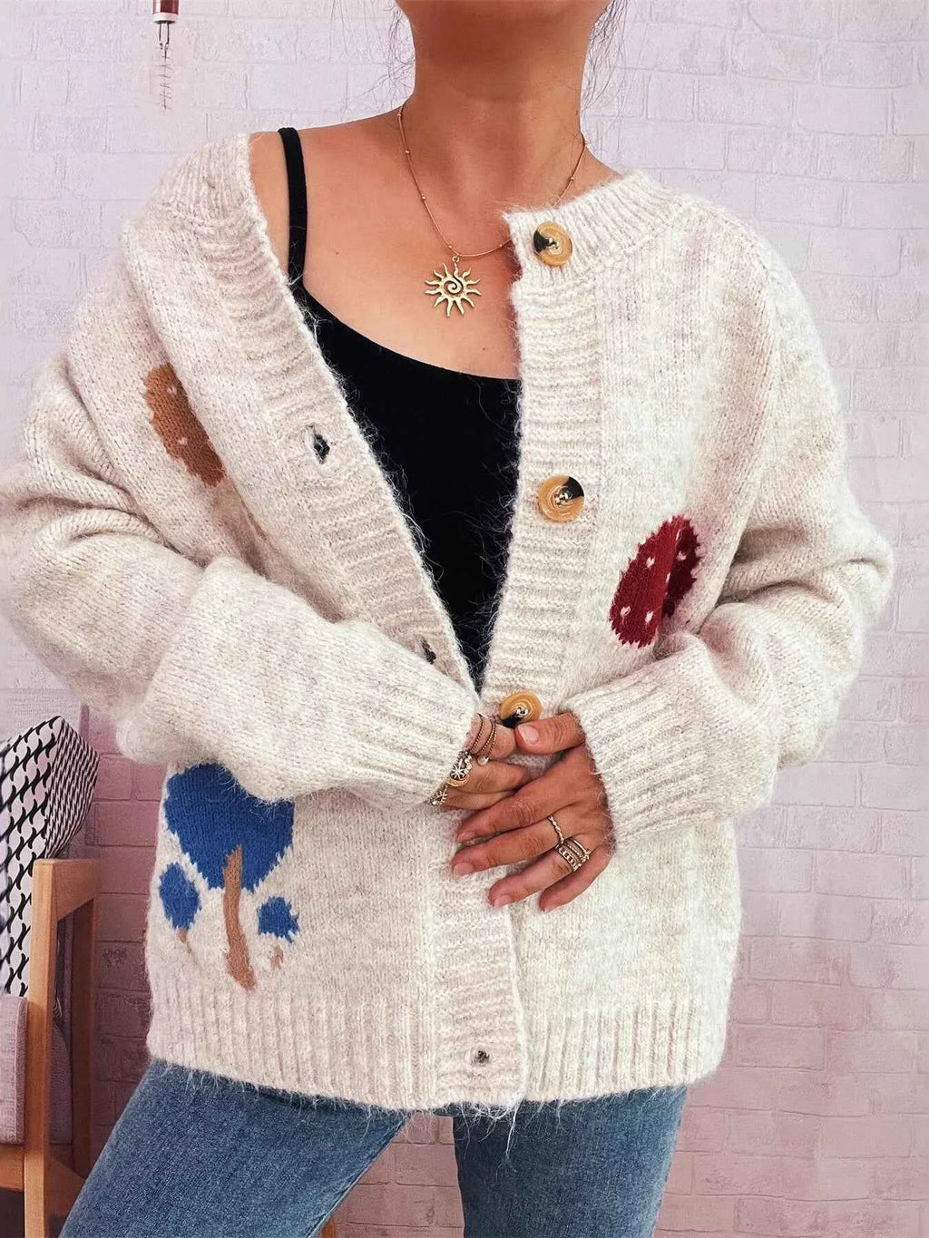Mushroom Pattern Button-Up Cozy Knit Cardigan c262d2a269c04cf9b84d8cc6976d1c64-Max-Origin