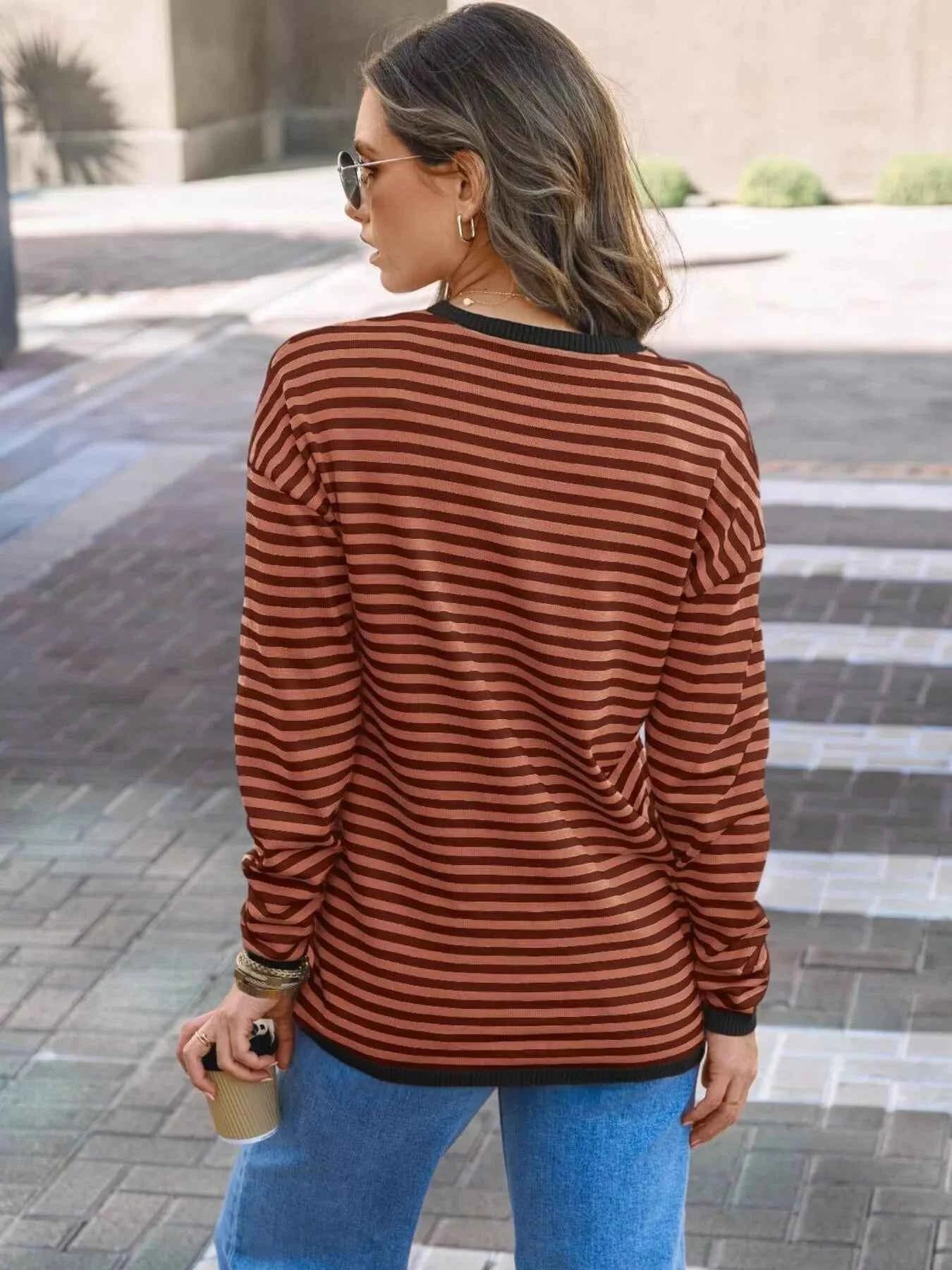 Striped Round Neck Long Sleeve Knit Top c2768ed26f5d4062a3283440f075ddbb-Max-Origin