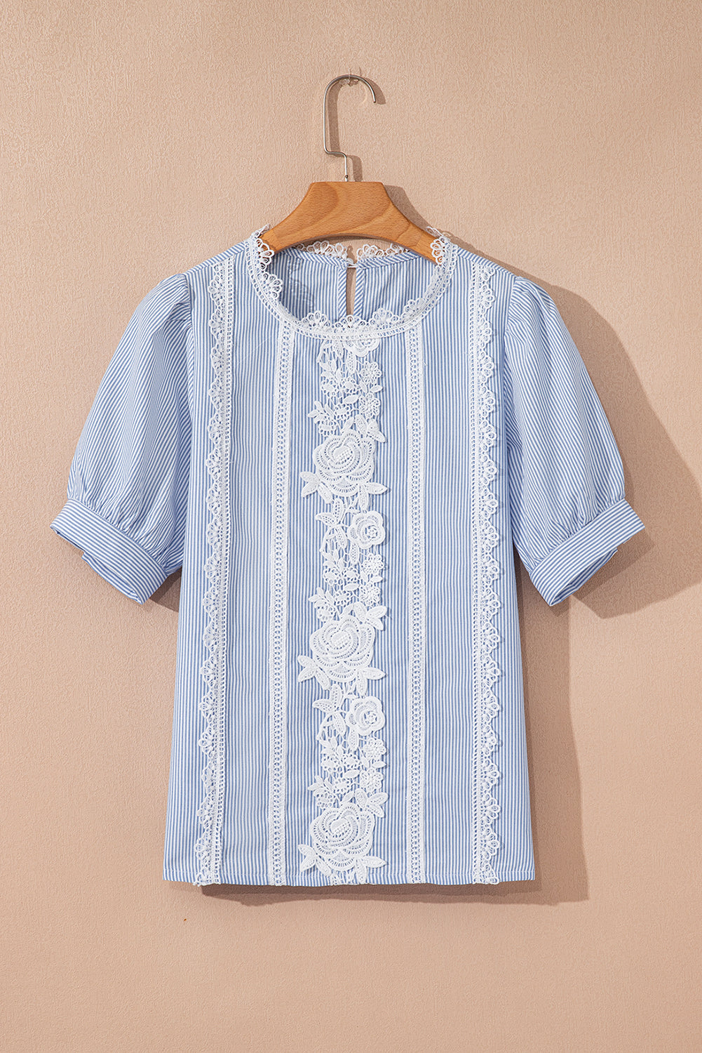 Sky Blue Striped Lace Floral Applique Puff Sleeve Blouse c27d5b684a7a920f