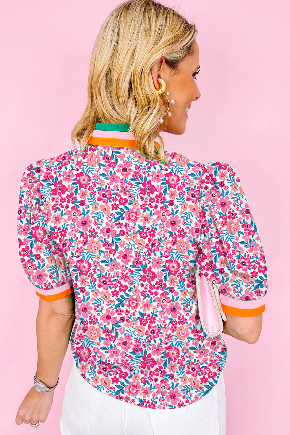Pink Floral Print Striped Trim Puff Sleeve Blouse c280453c1b9be1c2