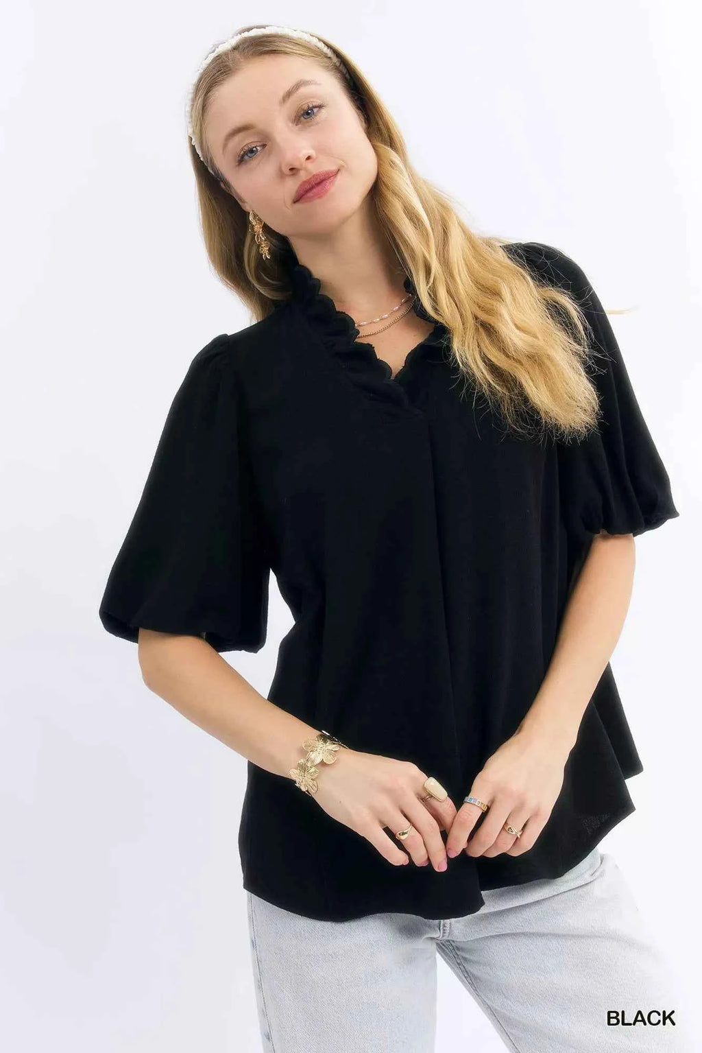Umgee Linen Scallop Trim V-Neck Blouse Black c284b480-6b93-4799-b802-69c693a2f6f7-Max-Origin