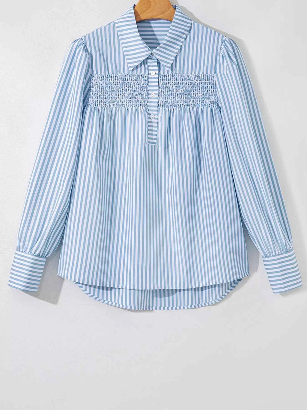 Stripe Shirred Detail Half Placket Collared Long Sleeve Shirt c290847fd94942e1a8c68161a58b817f-Max-Origin