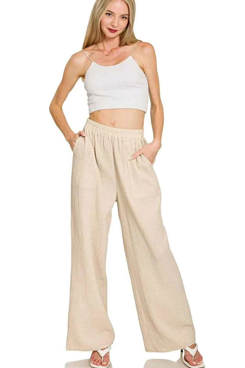Zenana Double Gauze Elastic Band Pants SAND BEIGE c296caac71eb4ee1b9836b875d1a281e-Max-Origin
