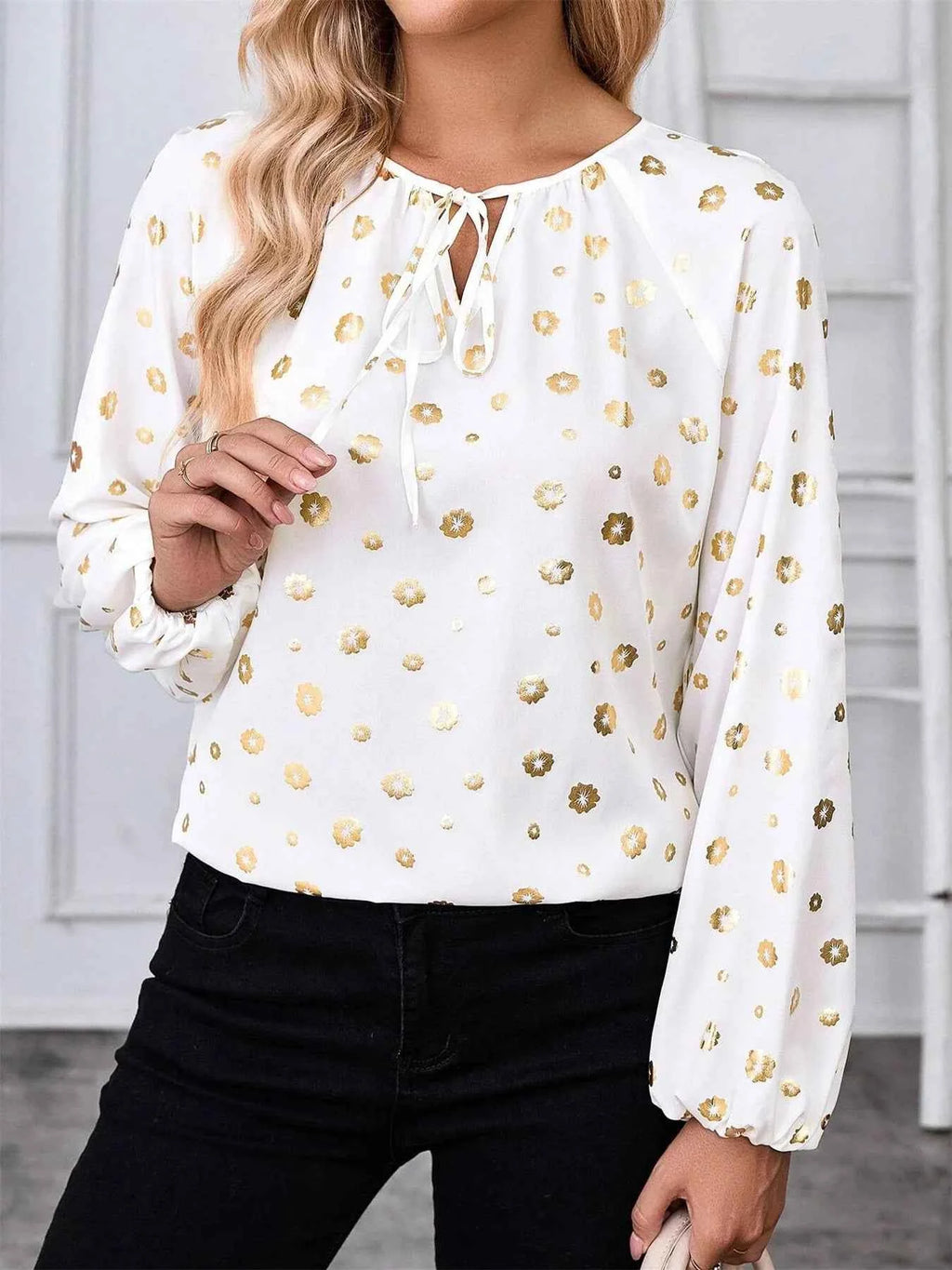 Printed Tie Neck Long Sleeve Blouse c29d49d70f184b5d886bb7fed1c96c88-Max-Origin