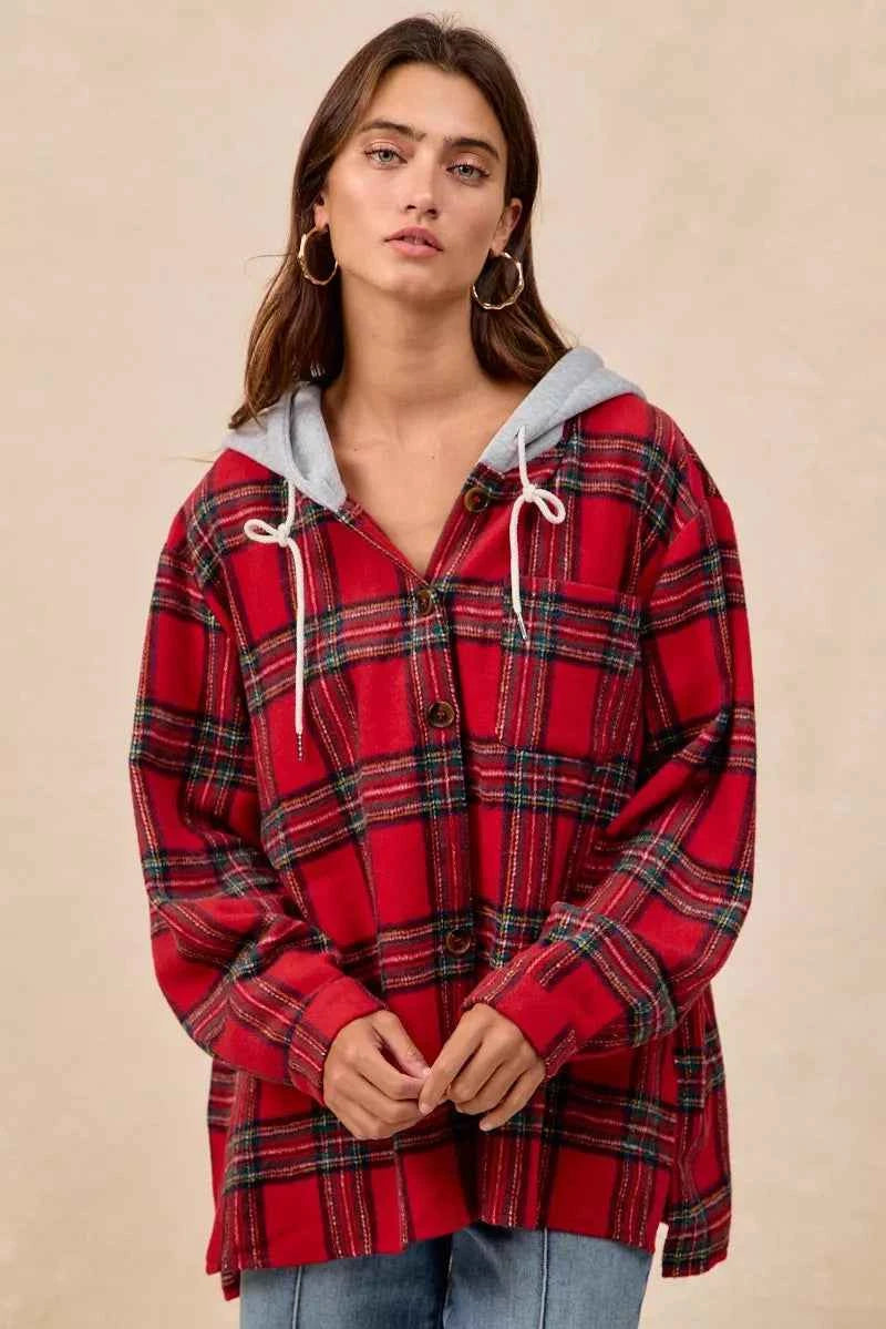 BiBi Brushed Plaid Hooded Jacket RED PLAID c29dee6eea124542b656705f91877c0a-Max-Origin