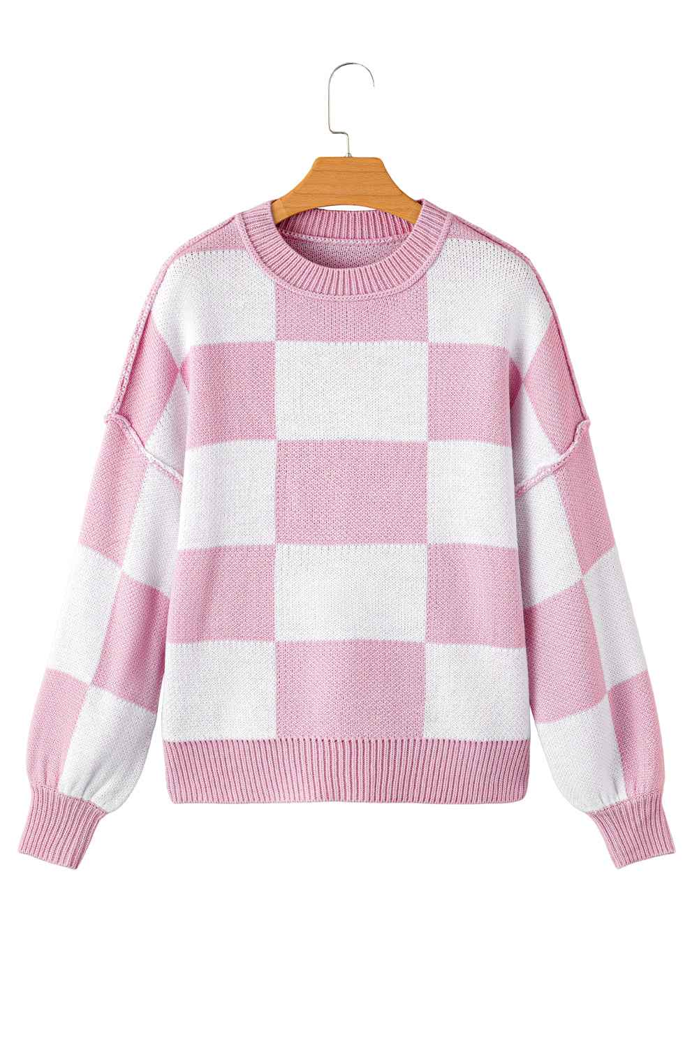 Pink Checked Bishop Sleeve Pullover Sweater Pink 100%Acrylic c2a6e00f5832ba64