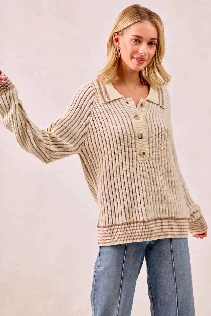 BiBi Half Button Ribbed Two Tone Sweater c2c35e6b1897424c8a0291e26bf118b5-Max-Origin