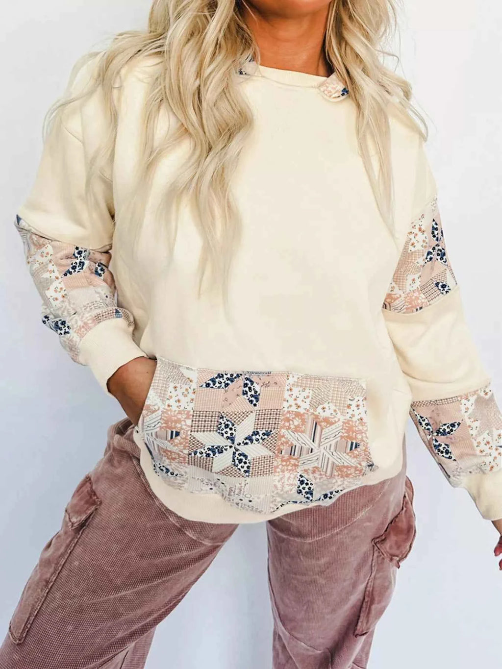 Geo Pattern Patchwork Hoodie with Kangaroo Pocket Cream c2c5fbb9e91848e49e4b75d480fc3185-Max-Origin