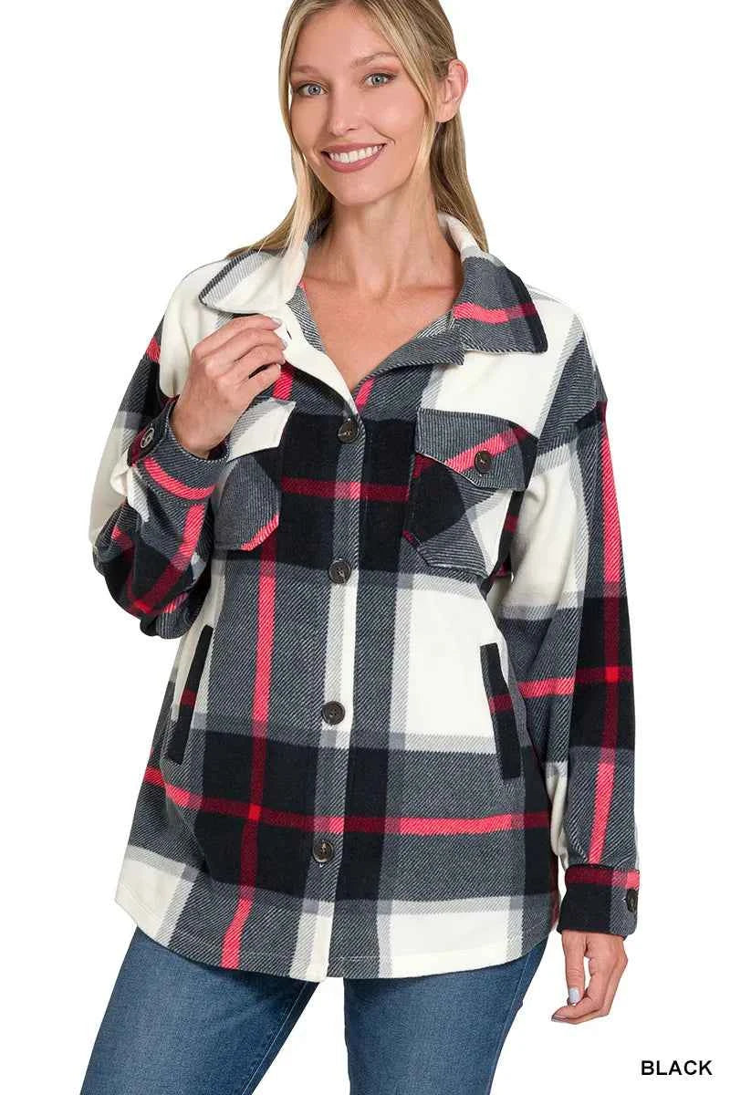 Zenana Oversized Plaid Fleece Shacket BLACK c2ece6ce-3e71-4335-8633-51ff152a7ea4-Max-Origin