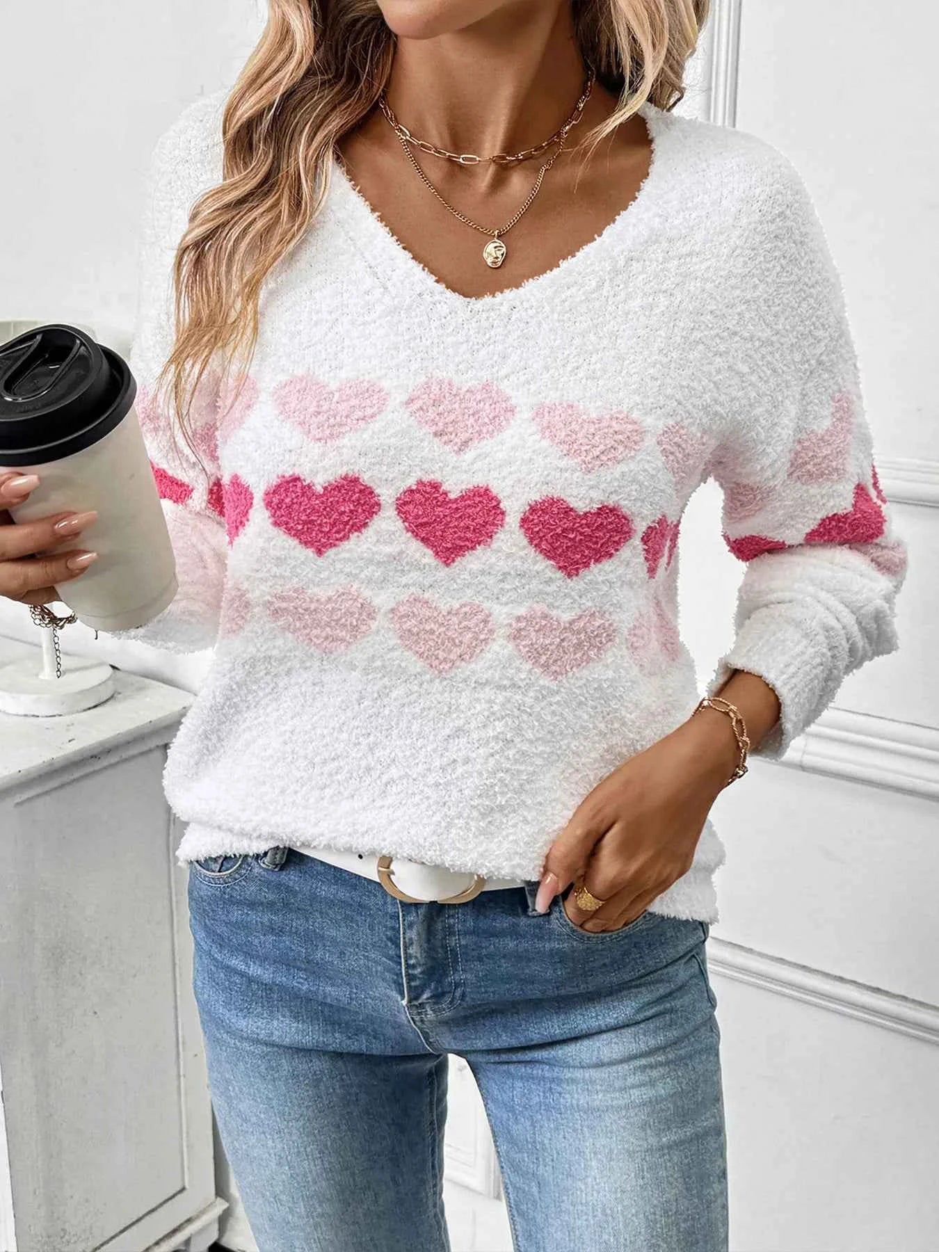 Heart Pattern V-Neck Sweater White c2eec4cb2c4a49858e849f7518ae9a94-Max-Origin
