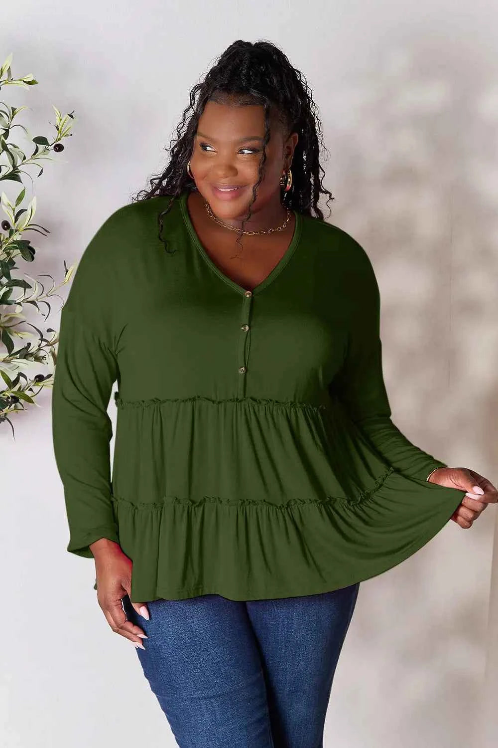 Double Take Half Button Long Sleeve Ruffle Hem Blouse Army Green c305659b04f047e493594db58dc91be9-Max